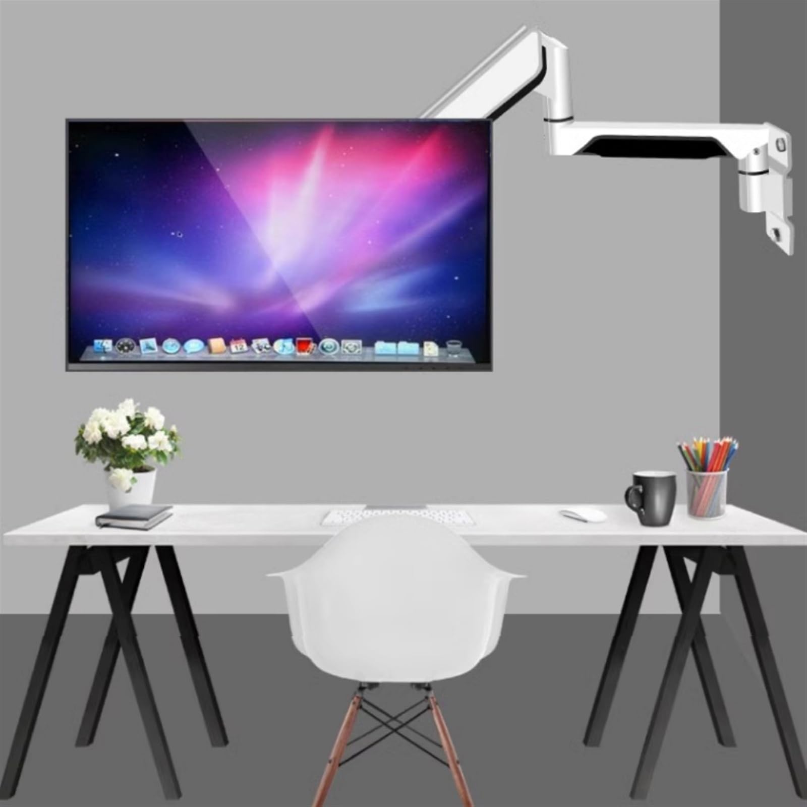 Aluminum Single Monitor Wall Mount Stand - Full Motion Pneumatic Spring Monitor Arm for 13-32 inch Screens (Max 19.8 lbs), VESA 100x100 Compatible - White | Perfect for Home Office, Gaming Setup & Workspace Ergonomics