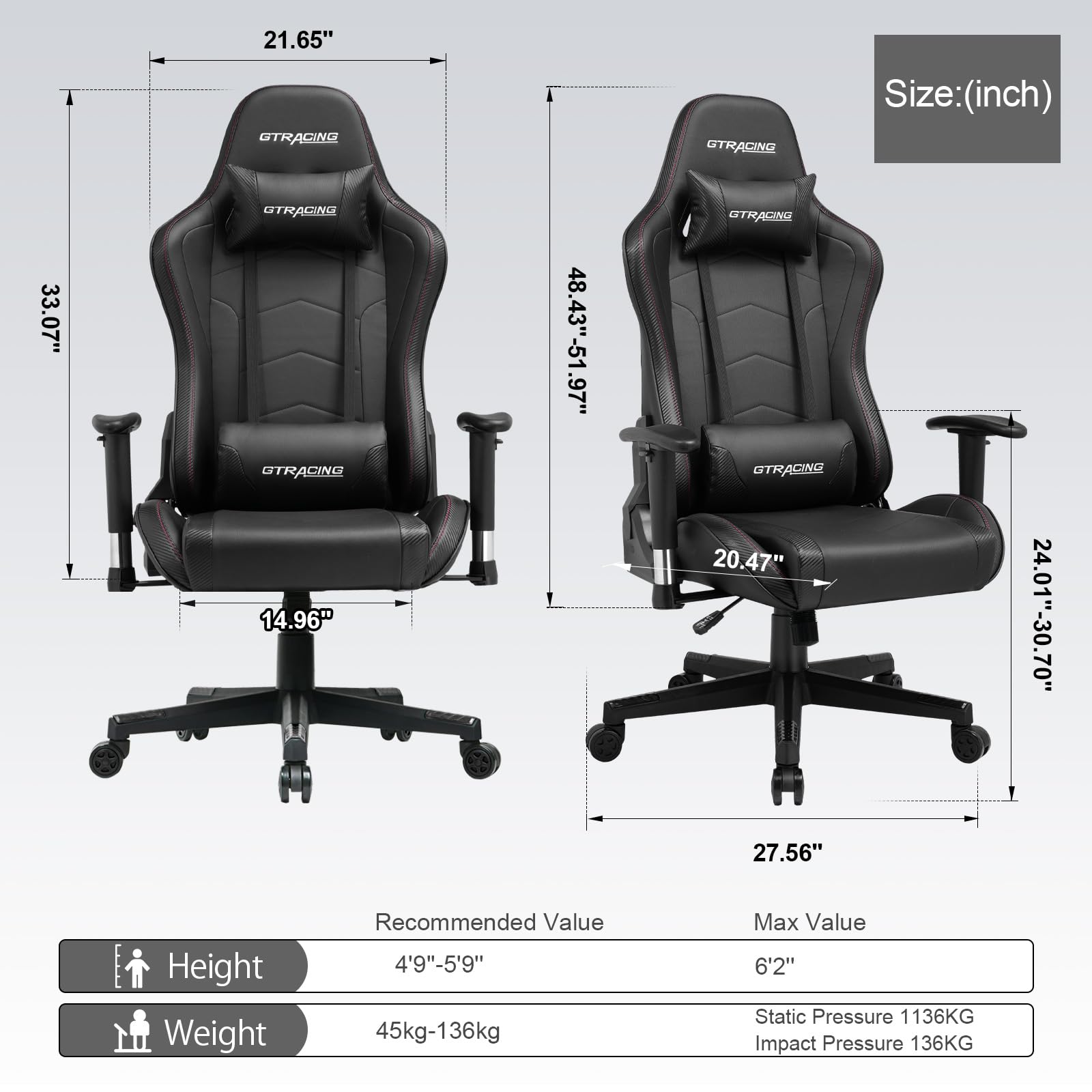 GTRACING Ergonomic Gaming Chair with Bluetooth Speakers - Heavy Duty Office Computer Desk Chair for Video Games & Music - Black - Perfect for Gaming, Streaming & Home Office Use