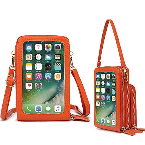 Touch Screen Crossbody Bag for iPhone 11/11 Pro Max - Women's Leather Phone Purse with Credit Card Slots & Adjustable Strap (Orange) - Perfect for Shopping, Travel & Daily Essentials