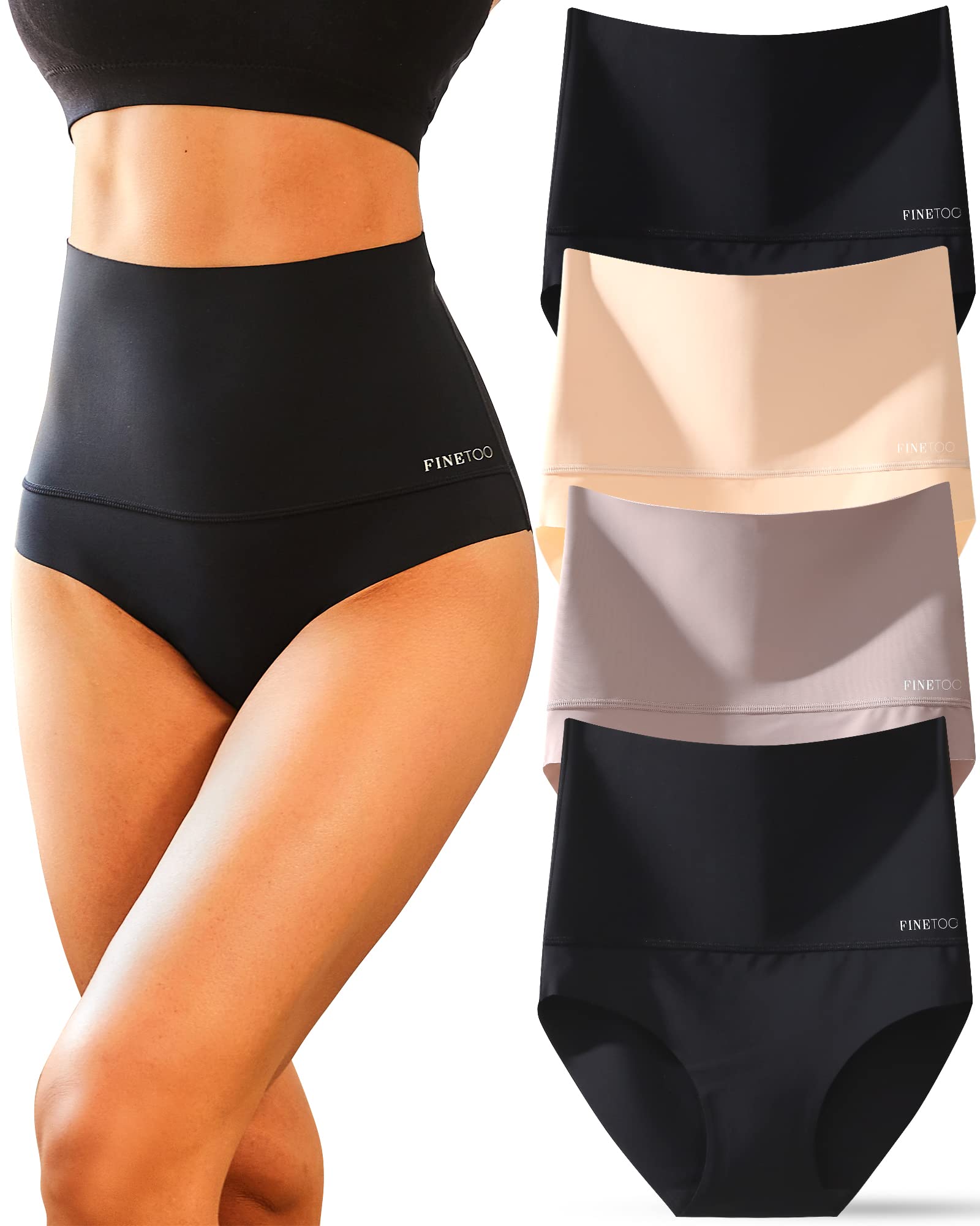 FINETOO High Waisted Tummy Control Underwear for Women - Seamless No Show Nylon Bikini Briefs (4-Pack, Sizes S-XXXL) - Perfect for Everyday Wear, Yoga & Shapewear