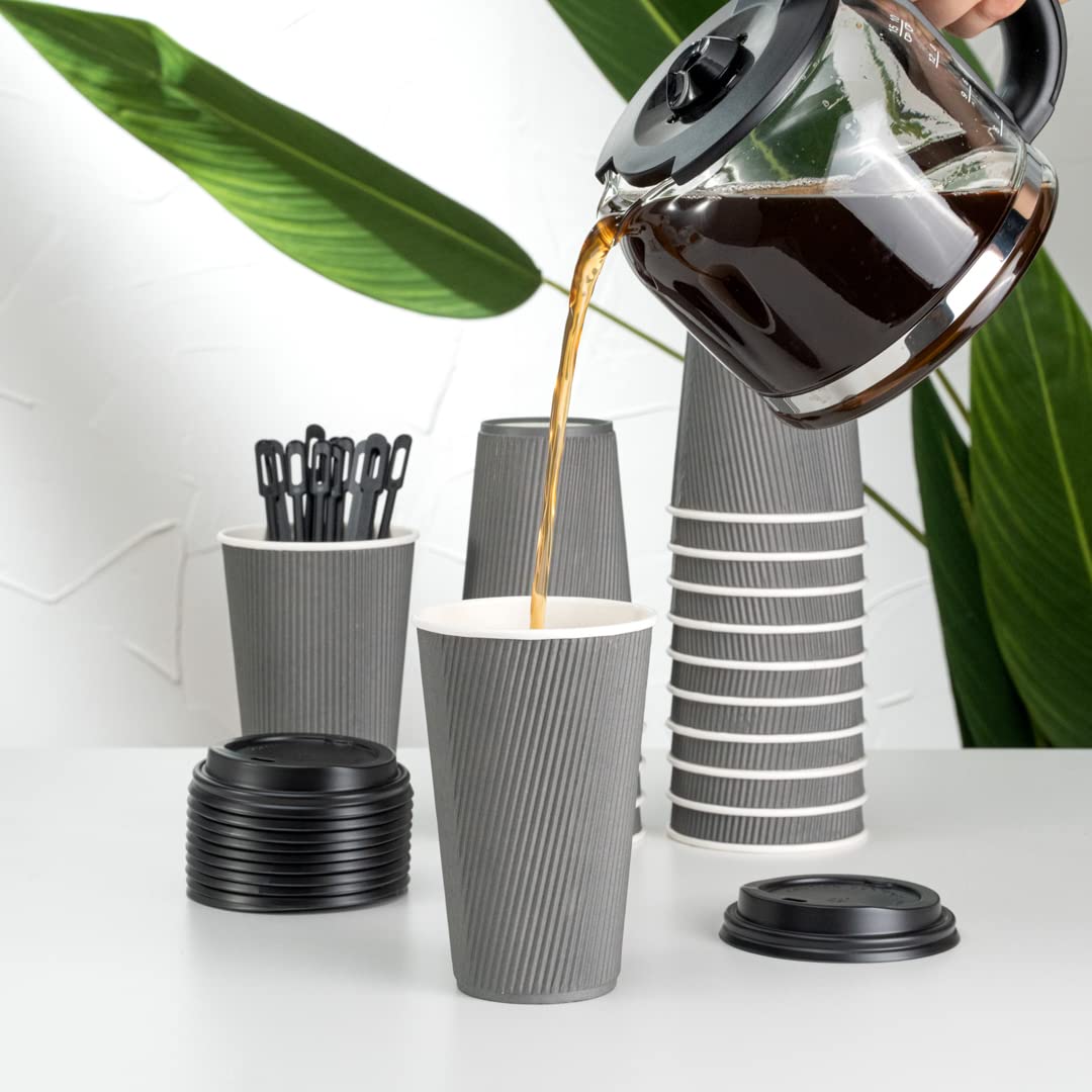 16oz Disposable Coffee Cups - 500 Pack Insulated Gray Paper Hot Cups with Rolled Rim for Coffee, Tea & Hot Beverages | Restaurantware Ripple Wall Design | Lids Sold Separately | Perfect for Cafes, Offices & Catering Events