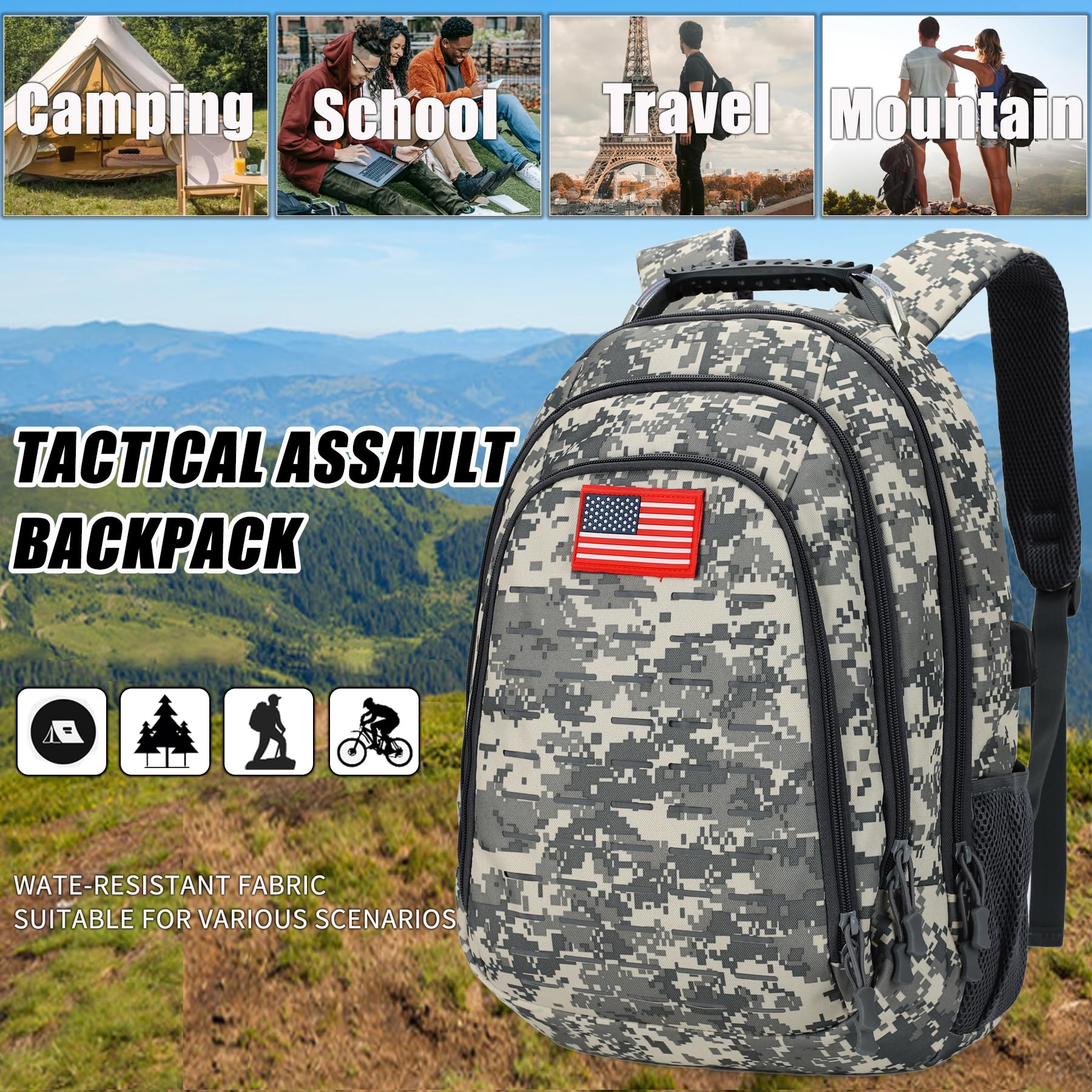 Camo Backpack for Boys & Teens - 40L Tactical School Bookbag with USB Charging Port - Durable Outdoor Hiking Backpack for School, Travel & Camping Adventures