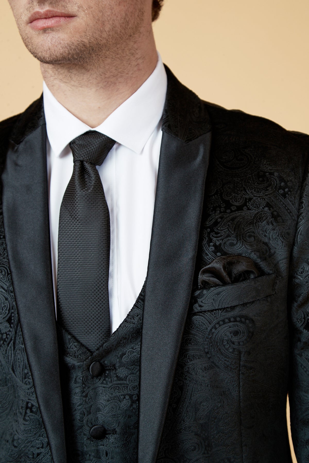 SIMON Black Velvet Tux Lapel Jacquard Blazer for Men | Formal Dinner Jacket | Wedding, Prom & Evening Wear