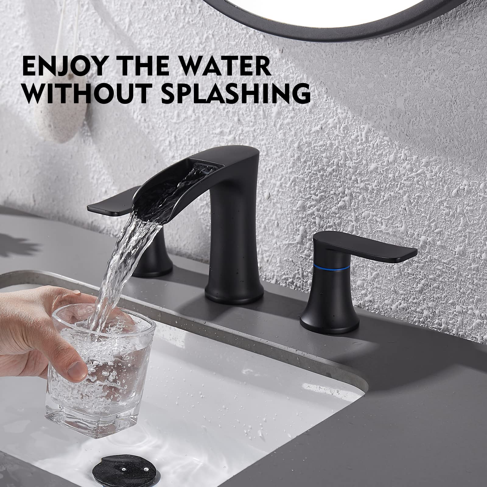 Matte Black 8 Inch Widespread Bathroom Sink Faucet with Drain - 3 Hole 2 Handle Modern Bathroom Faucet by Yundoom (Model BF8-01) - Perfect for Bathroom Vanity, Guest Bath, and Powder Room Renovations