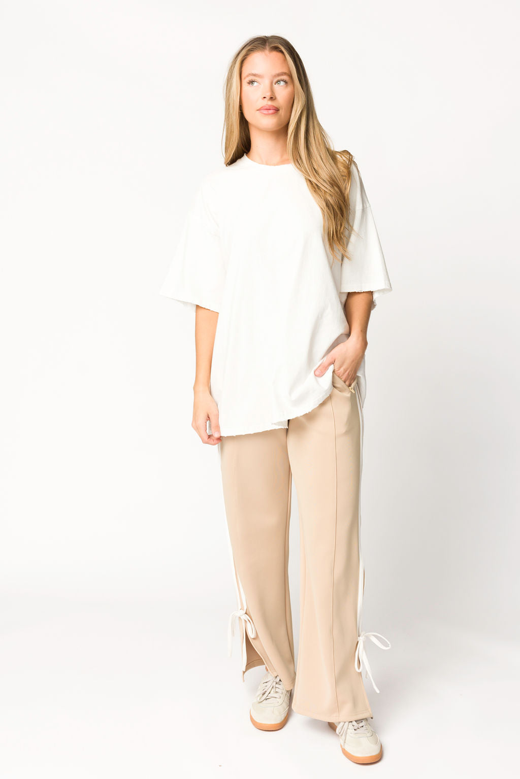 Women's Murphy Track Pants with Bow Detail - Comfortable Taupe/White Athletic Pants for Yoga, Running & Lounge Wear