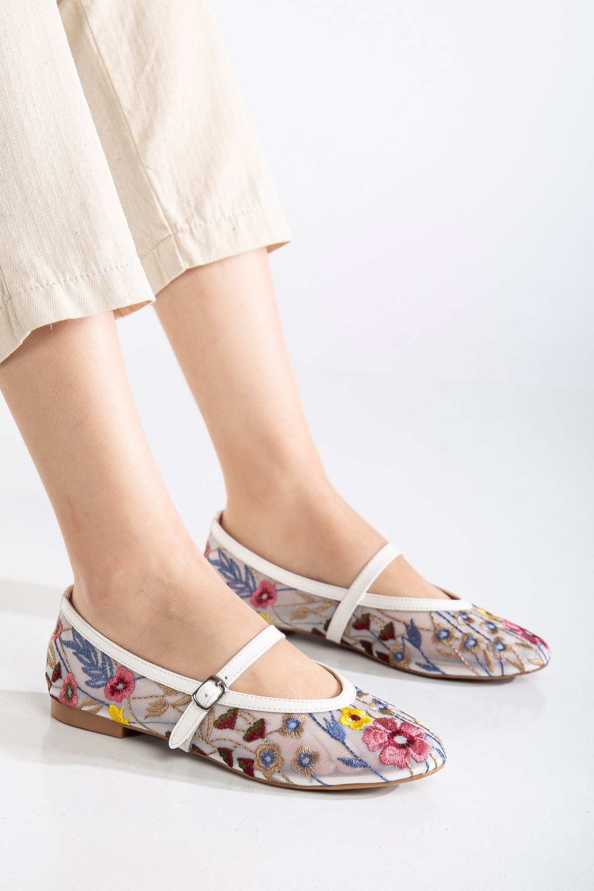 Fauna White Mesh Mary Jane Flats for Women - Comfortable & Stylish Casual Shoes for Work, Walking, and Everyday Wear
