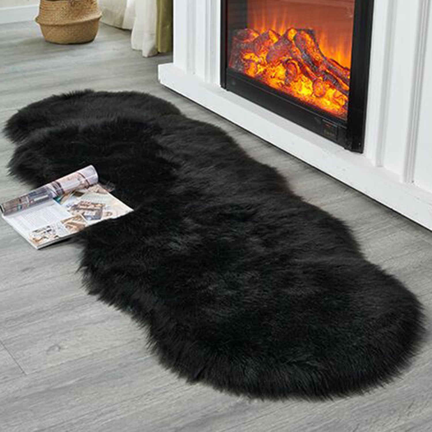 Soft Faux Fur Rug 2x6 ft - Black Sheepskin Plush Carpet, Washable Fluffy Coarse Wool Runner for Bedroom, Living Room & Sofa | Perfect for Floor Decor, Cozy Blanket & Bedside Mat