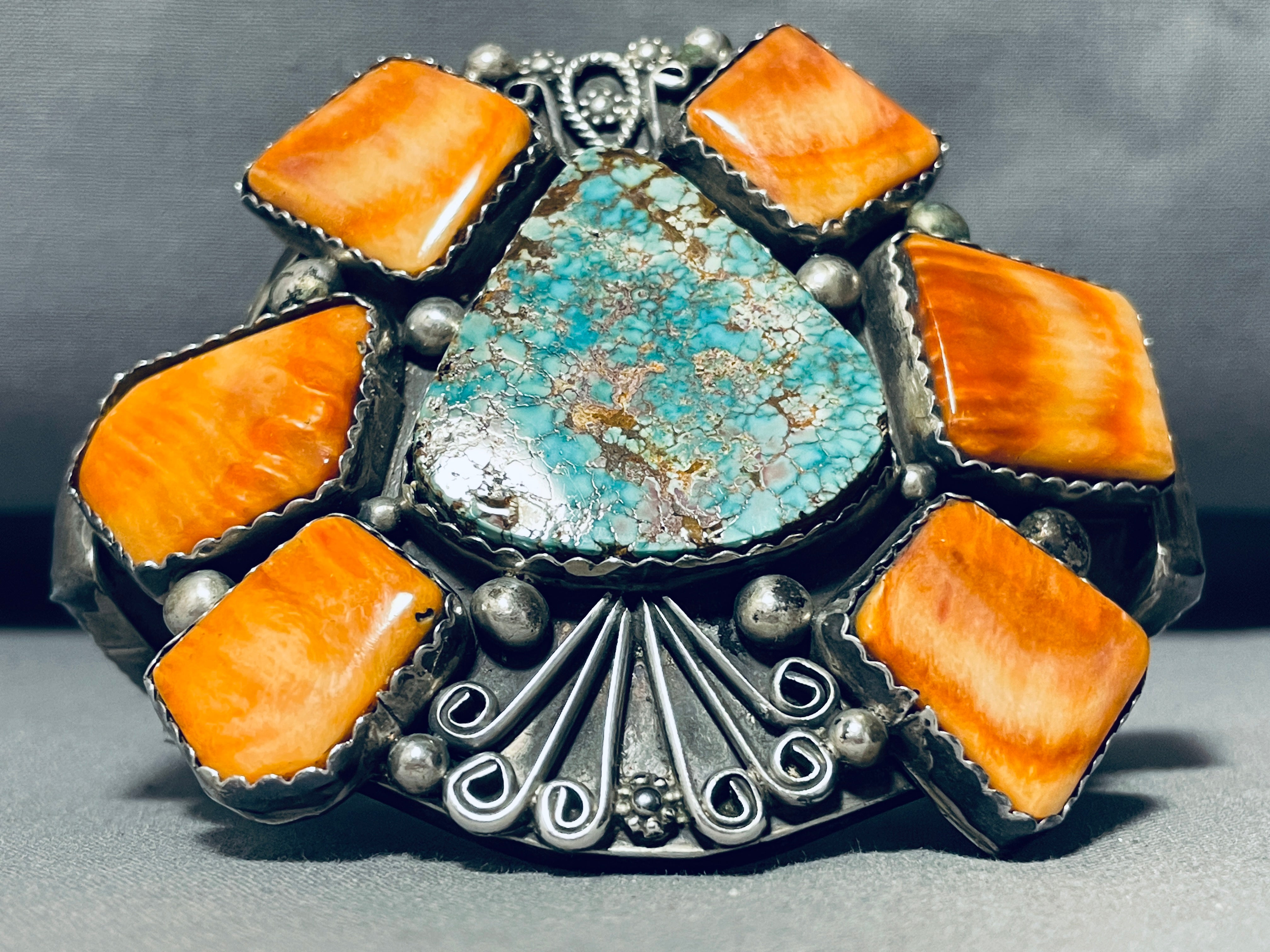 Vintage Navajo Sterling Silver Bracelet with Turquoise Shell Cluster – 144g Authentic Native American Jewelry for Women, Boho Fashion & Gift Ideas