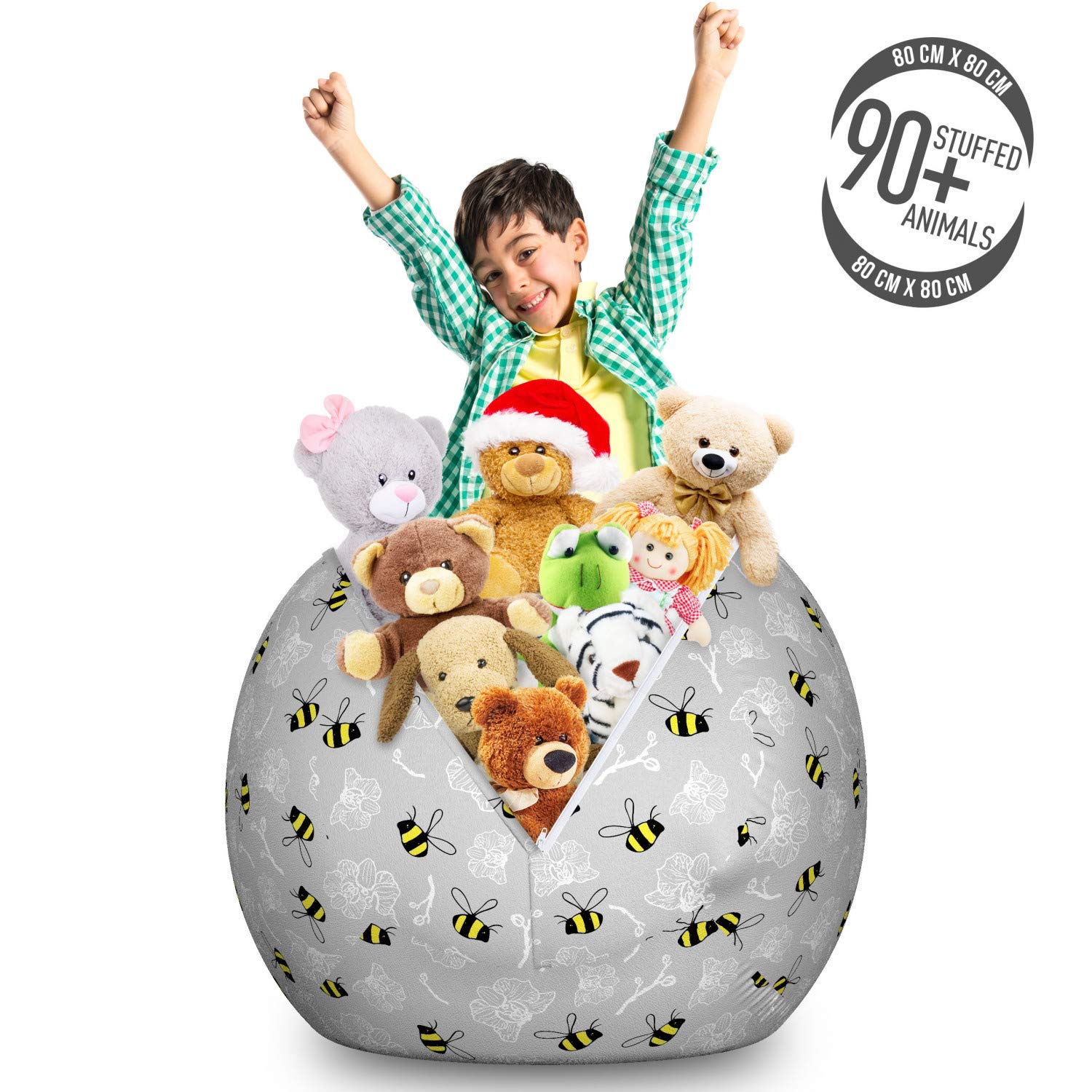 Ambesonne Large Washable Storage Toy Bag Chair - Bumblebee & Orchid Entomology Print, Stuffed Animal Organizer (Yellow & Charcoal Grey) - Perfect for Kids' Room, Playroom & Nursery Organization