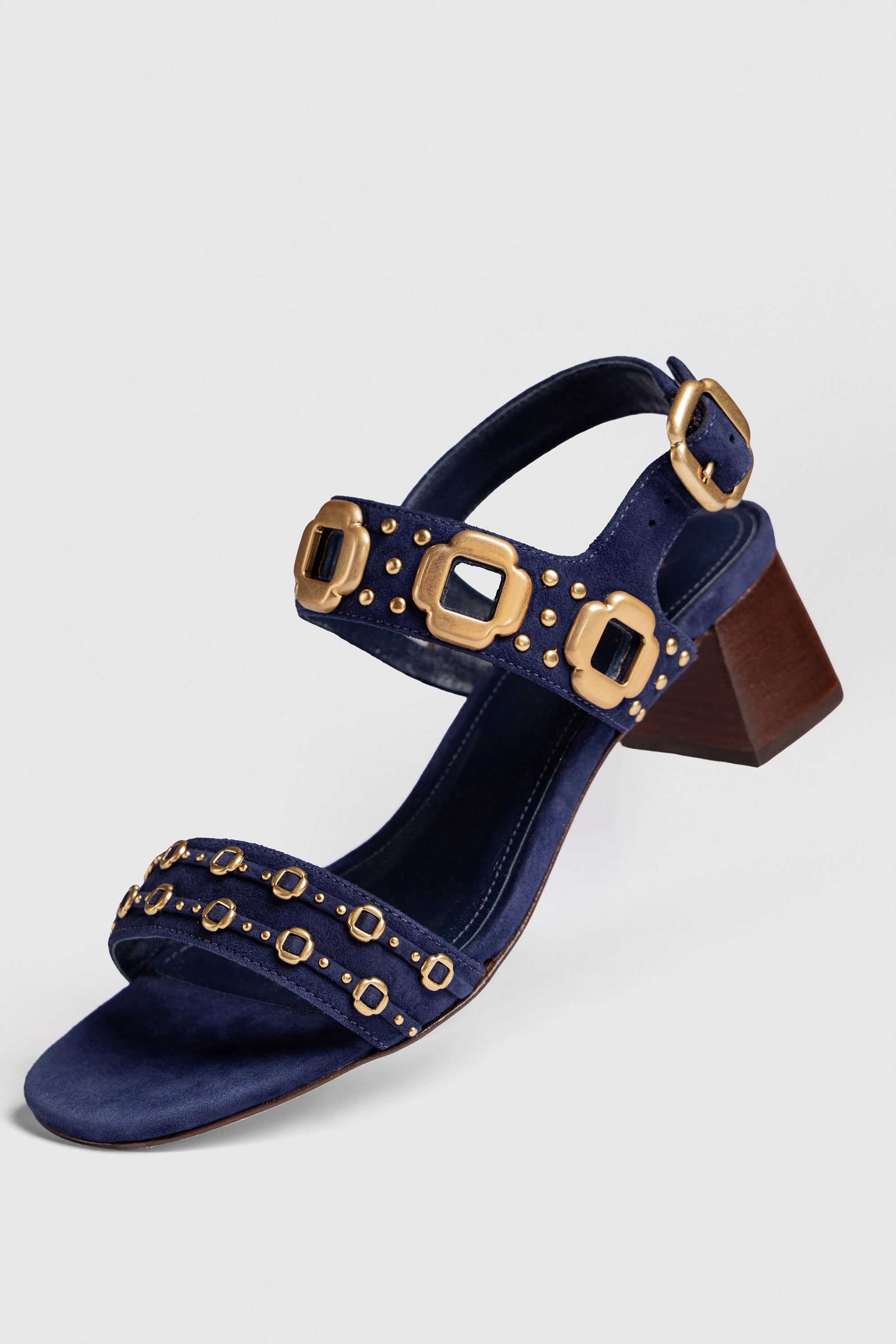 Milan Studs Block Heel Sandals for Women - Navy Blue Suede Shoes | Comfortable & Stylish for Casual Outings, Parties & Office Wear