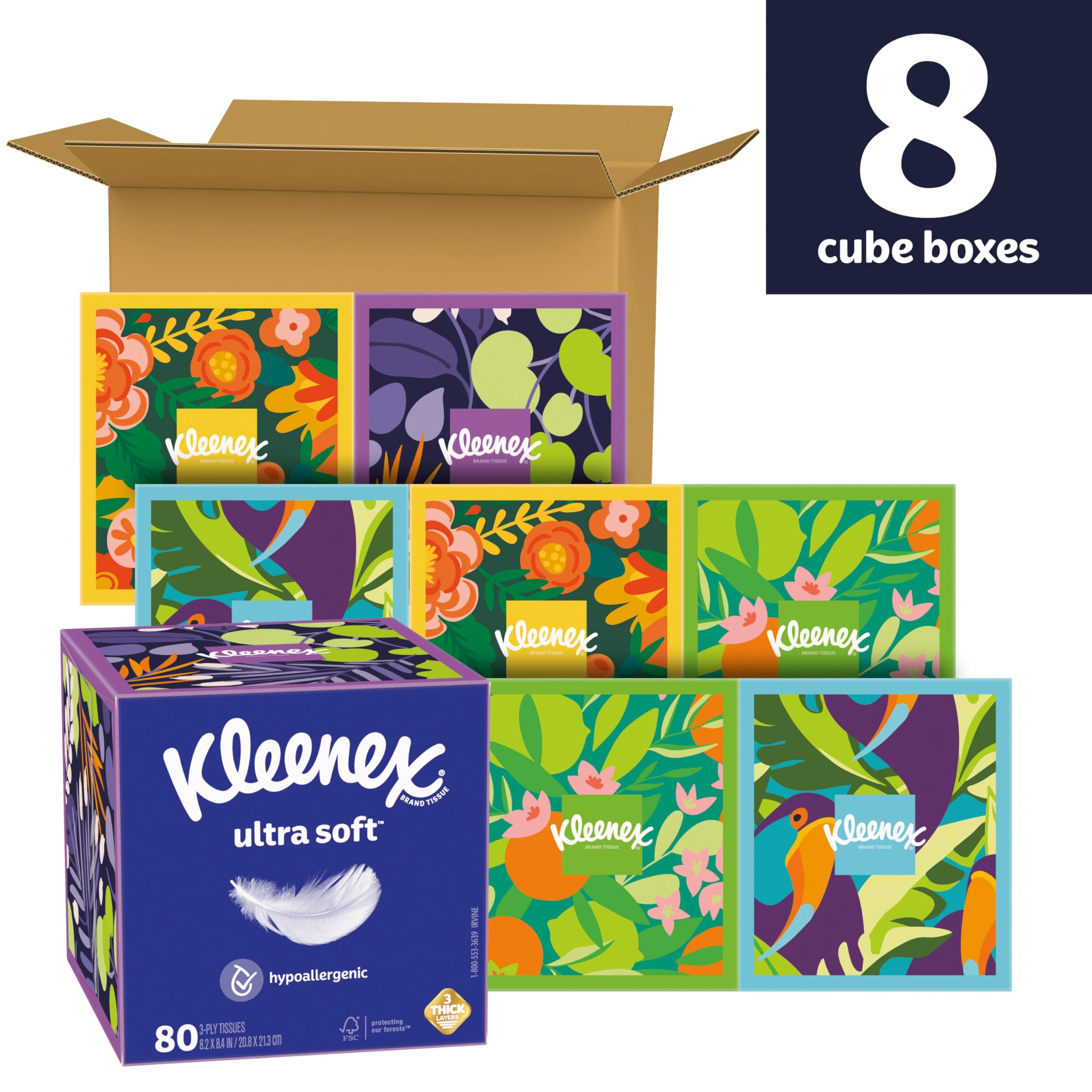 Kleenex Ultra Soft Facial Tissues - 8 Cube Boxes (80 Tissues Each) | 3-Ply for Gentle Comfort | Home, Office & Travel Essentials | Hypoallergenic & Lotion-Infused