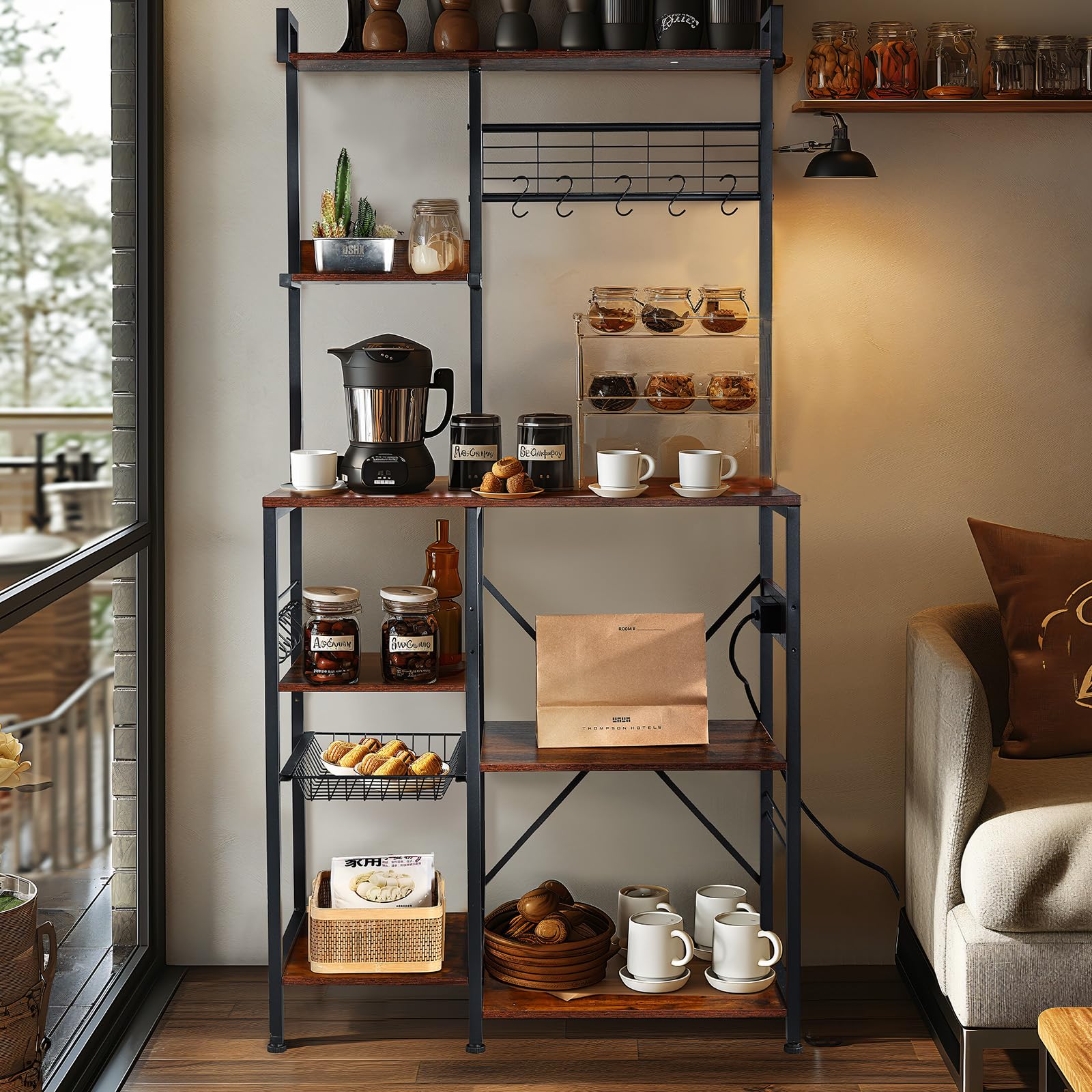 5-Tier Bakers Rack with Power Outlets - Microwave Stand with 10 S-Hooks, Coffee Bar & Kitchen Organizer with Wire Basket, 62.4