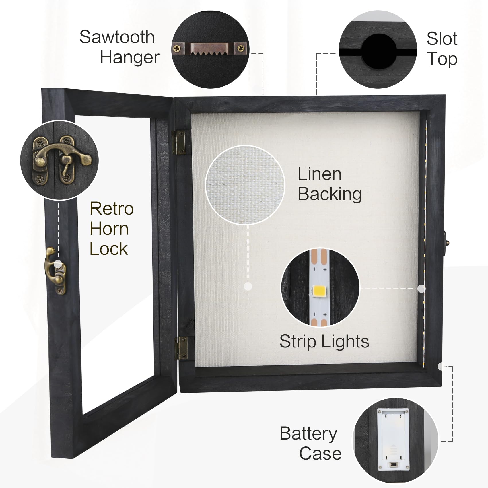 Romingo 11x12 Inch LED Shadow Box Frame - Wine Cork Display Case with Lights for Keepsakes, Memorabilia, Awards & Photos (Black) | Perfect for Home Decor, Wedding Gifts & Memory Preservation