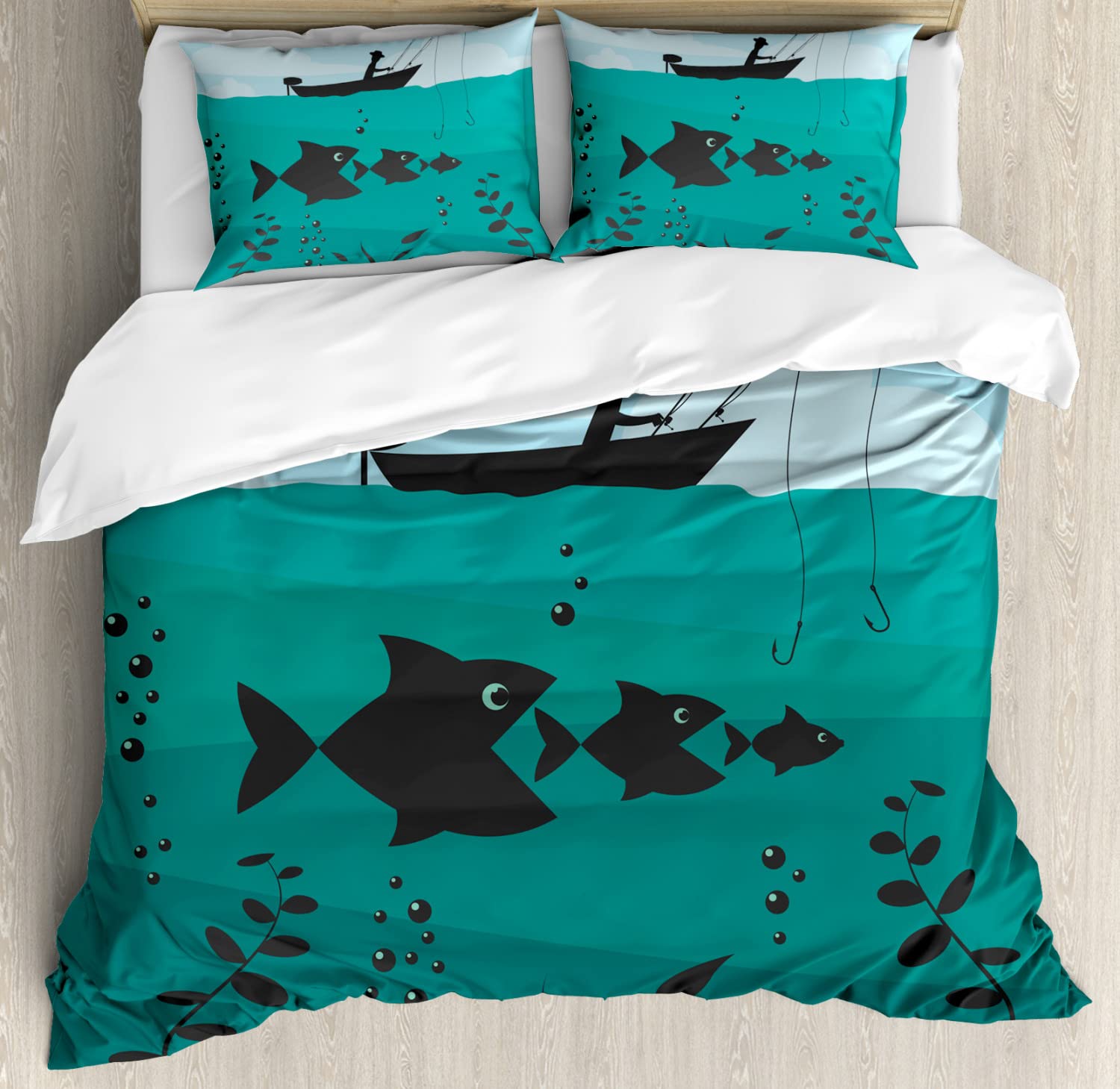 Ambesonne Fishing Duvet Cover Set - Nautical Marine Theme with Single Man in Boat & Bobbins Print - 2 Pack Queen Size Bedding Set (2 Duvet Covers + 4 Pillowcases) - Blue Teal Ocean Design - Perfect for Beach House Decor, Fishing Enthusiast Gifts & Coastal Bedroom Themes