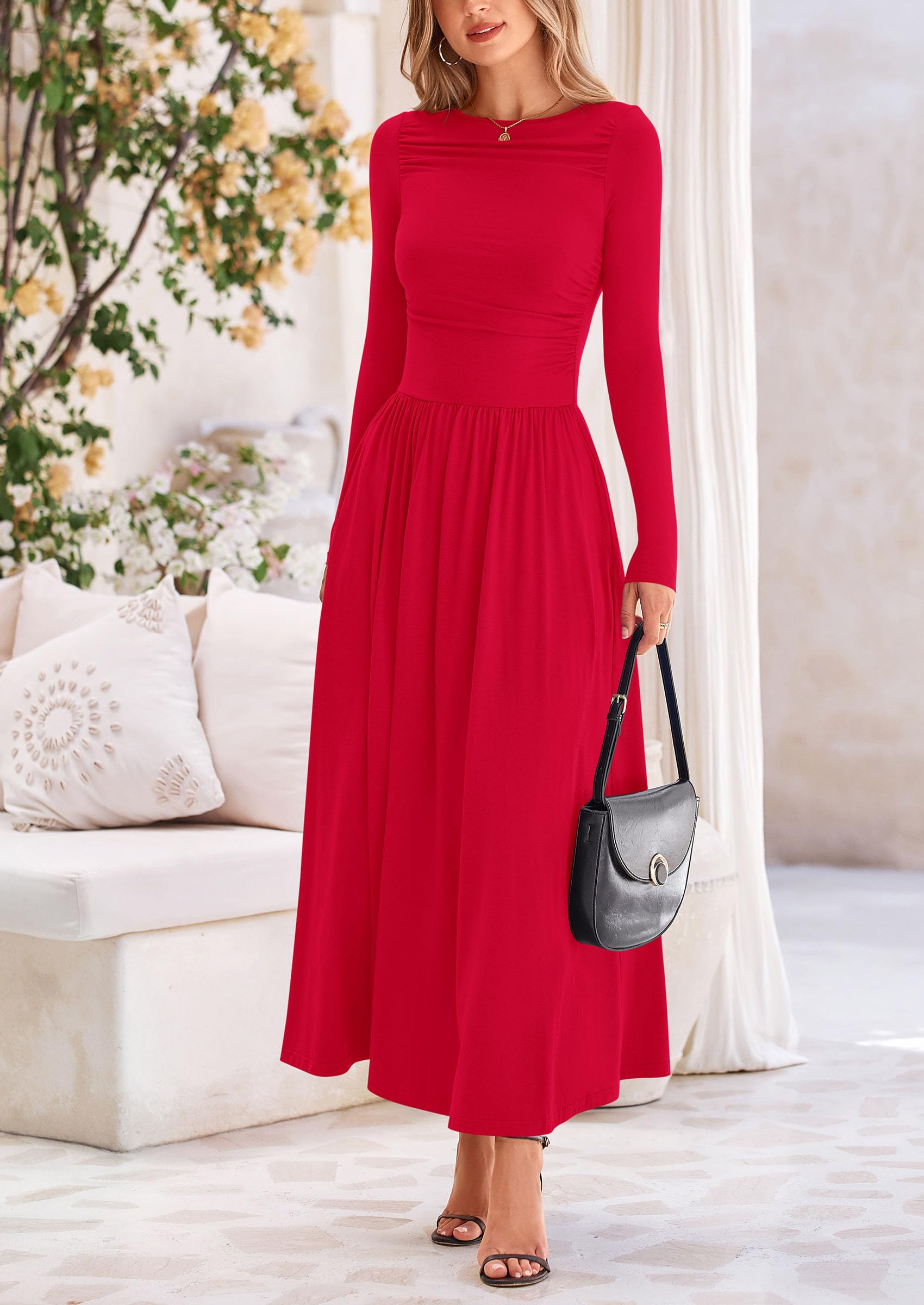 PRETTYGARDEN Women's 2025 Spring Long Sleeve Maxi Dress - Crewneck Ruched A-Line Flowy Elegant Modest Dress for Casual Wear, Church, Wedding Guest & Special Occasions