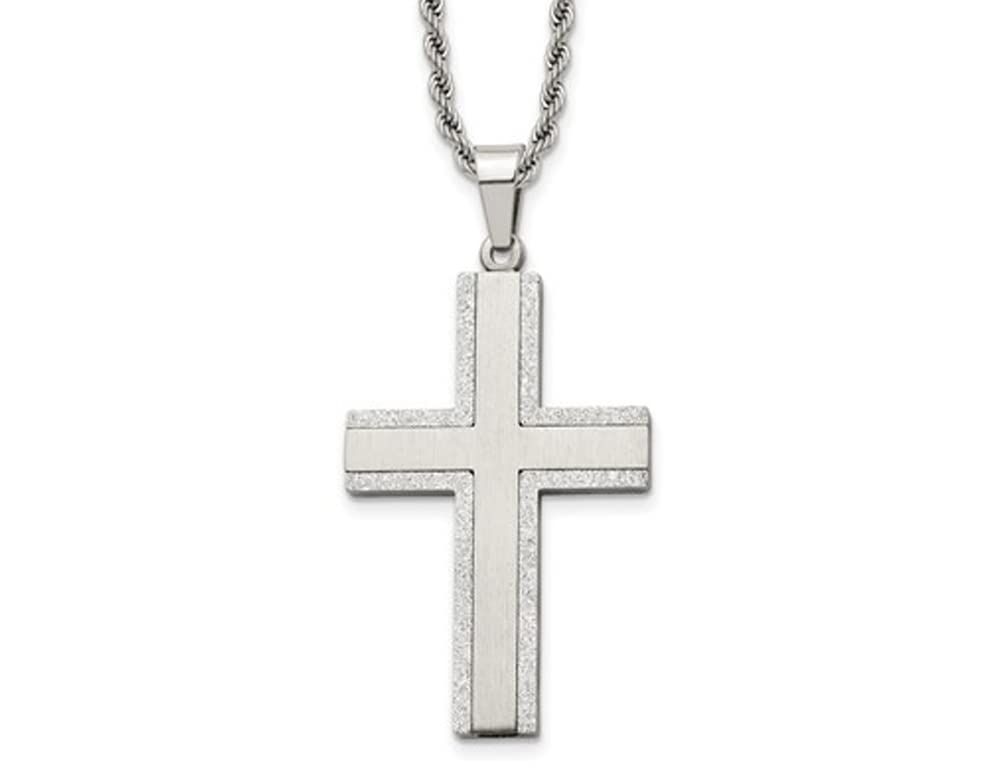 Men's Stainless Steel Polished Laser-Cut Cross Pendant Necklace with 18-24