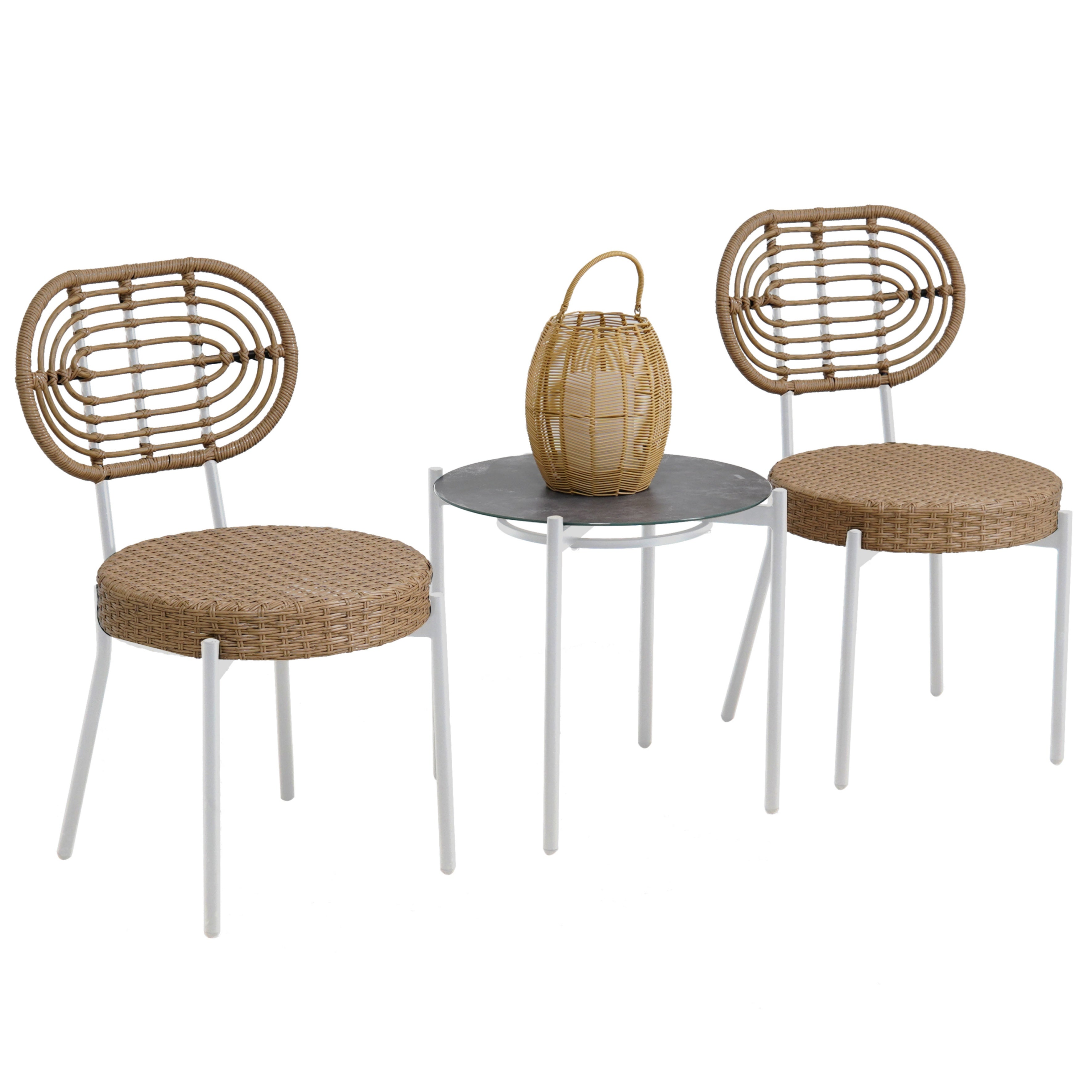 GARVEE 3-Piece Patio Bistro Set - Outdoor Wicker Chairs with Glass Table - Rattan Furniture for Patio, Deck, Backyard, Garden - White & Brown - Perfect for Small Spaces & Outdoor Dining