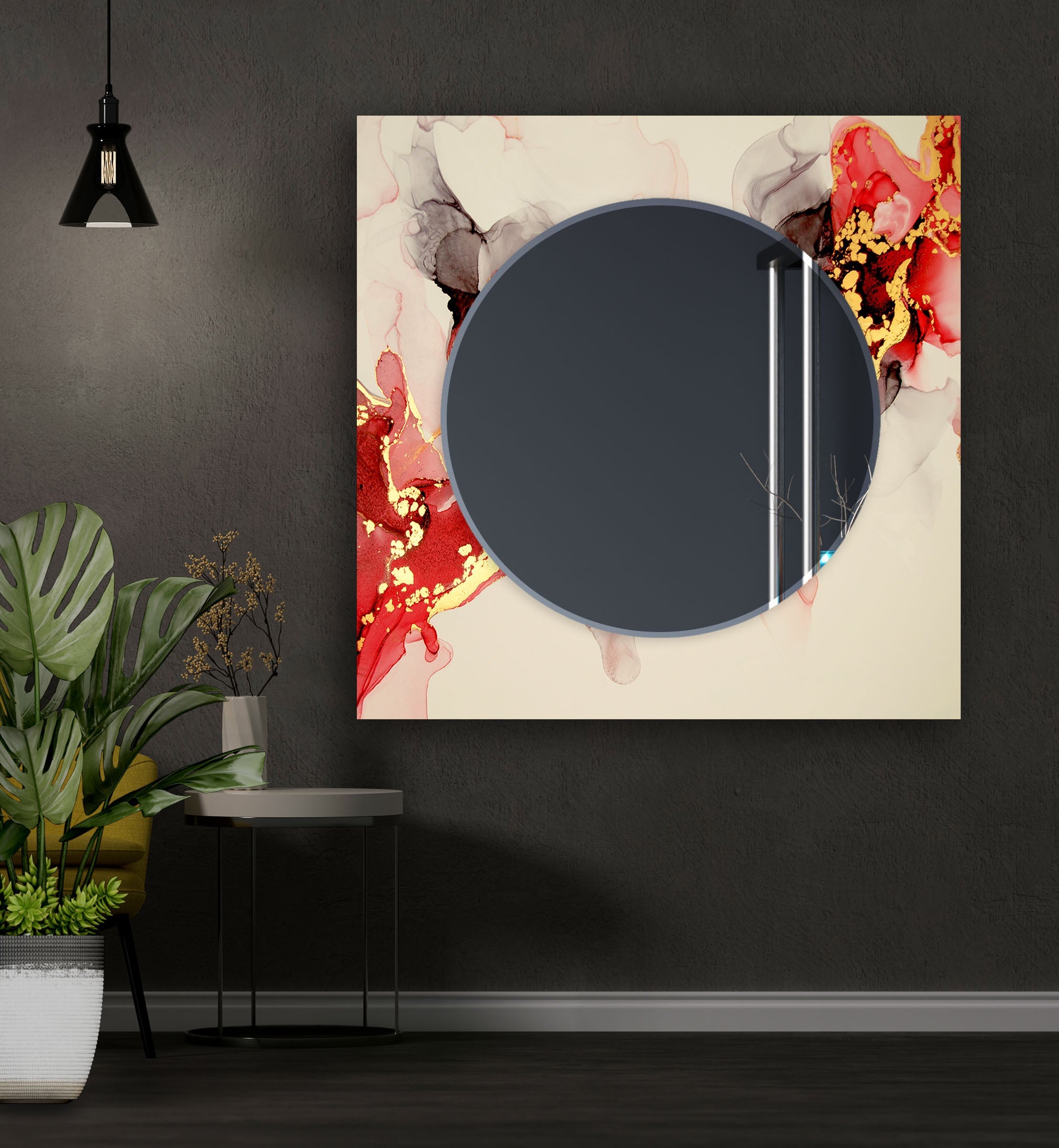 Beige and Gold Accent Wall Mirror with Red Details - Elegant Home Decor for Living Room, Bedroom, or Entryway