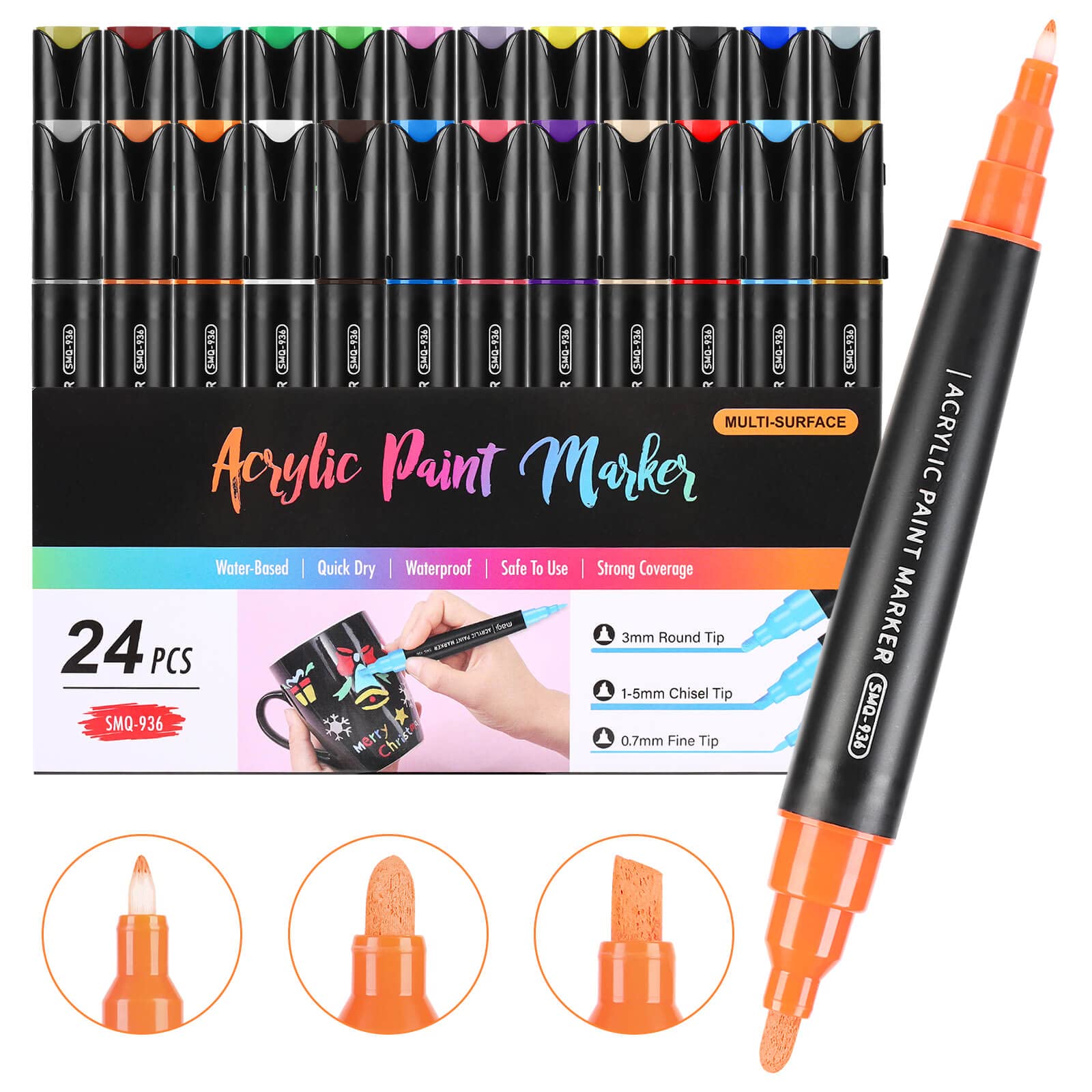 24 Colors Acrylic Paint Pens Set - Fine, Medium & Chisel Tips for Rock Painting, Wood, Canvas, Ceramic, Fabric - Perfect for DIY Arts & Crafts, Home Decor, Scrapbooking & Gift Making (Adults & Artists)