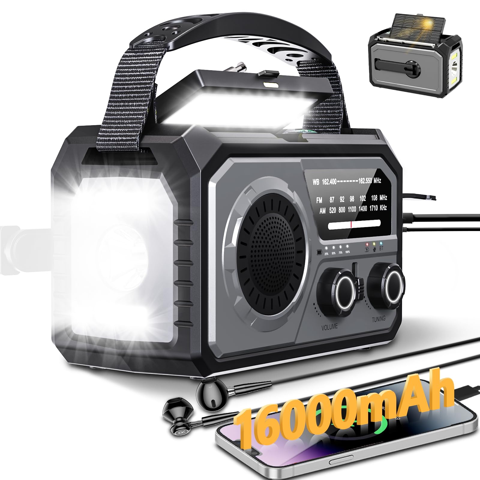 59200mWh Solar Emergency Radio - 16000mAh Portable NOAA Weather Radio with Hand Crank, USB Charger, SOS Alarm, Flashlight & Reading Lamp for Outdoor Camping, Hiking, Storms and Emergency Survival Kits