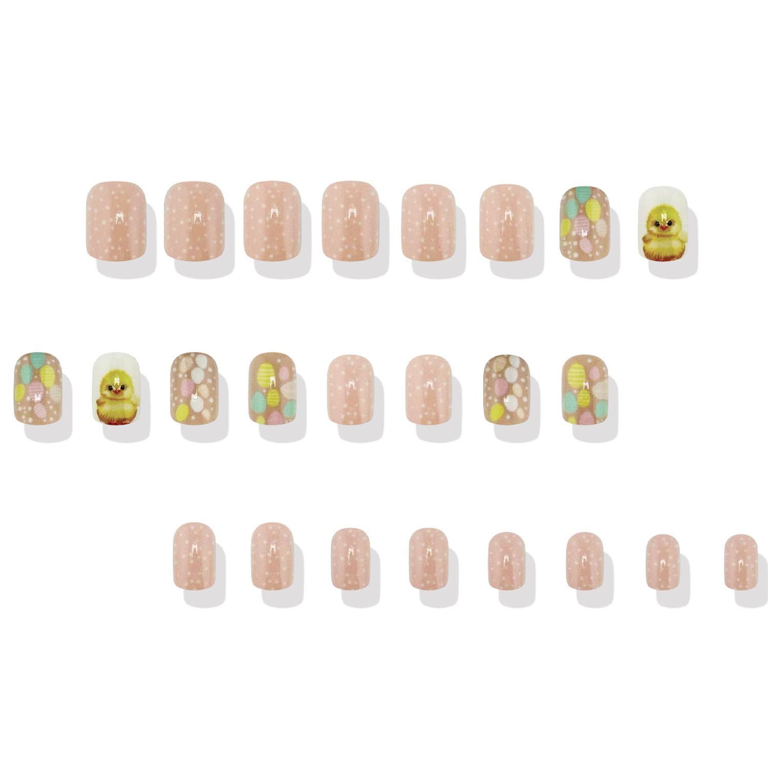 Easter Press On Nails - Spring Fake Nails with Cute Chick & Egg Polka Dot Design - Short Square False Nails for Women - 24Pcs Manicure Set - Perfect for Easter Parties, Spring Nail Art & Holiday Celebrations