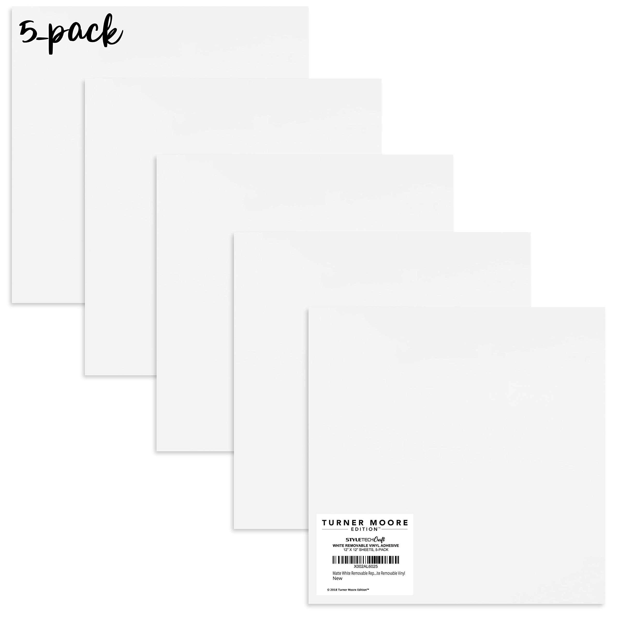 Turner Moore Edition White Removable Vinyl for Cricut - 12x12 Inch Matte White Adhesive Sheets (5-Pack) - Perfect for DIY Projects, Wall Decals, Nursery Decor, Kids Room Stickers & Temporary Wall Art - Compatible with Cricut Maker, Joy & Other Cutting Machines