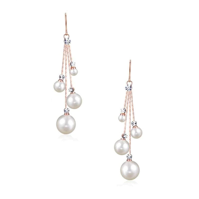 Rose Gold & Silver Pearl Drop Chandelier Earrings for Women - Elegant Bridal Jewelry Set (7416, 7417) - Perfect for Weddings, Parties & Special Occasions