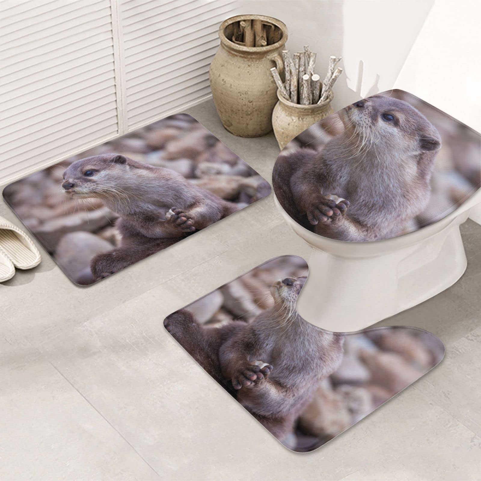 Non-Slip Otter Design Bathroom Rug Set - 3 Piece Contour Mat with Toilet Seat Cover for Tub & Shower | Cute Water Play Theme Bath Mats for Kids & Adults | Perfect for Bathroom Decor and Safety