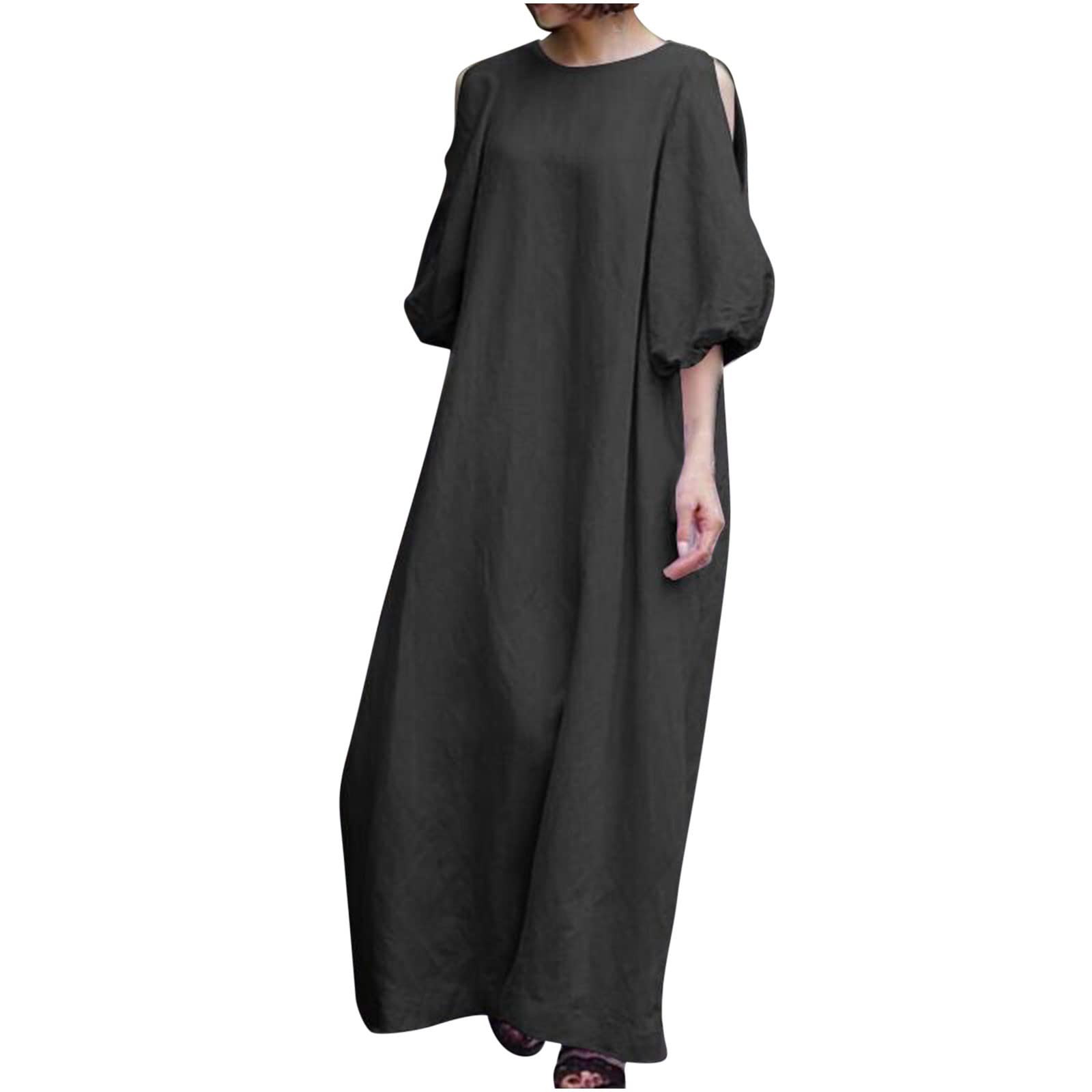 JOAU Women's Plus Size Maxi Dress - Cotton Linen Blend, Solid Color Puff Sleeve Long Kaftan Dress for Summer | Beach Cover Up, Vacation Outfit, Casual Boho Chic Style