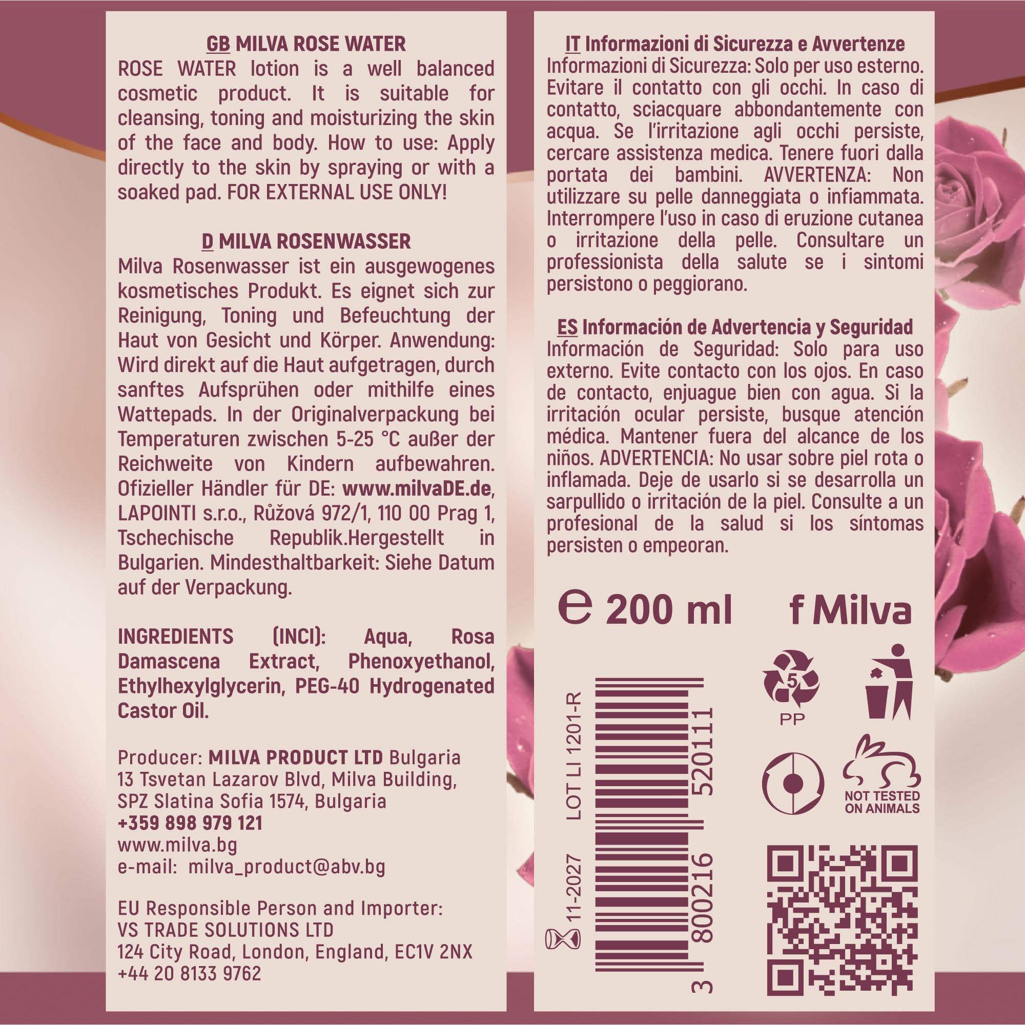 Milva Rose Water Facial Mist with Bulgarian Rose Oil - Alcohol-Free Hydrating Toner & Makeup Remover - Pure Rosewater Spray for Face, Hair & Body Care (200ml) - Perfect for Dry Skin Refreshment & Post-Workout Hydration