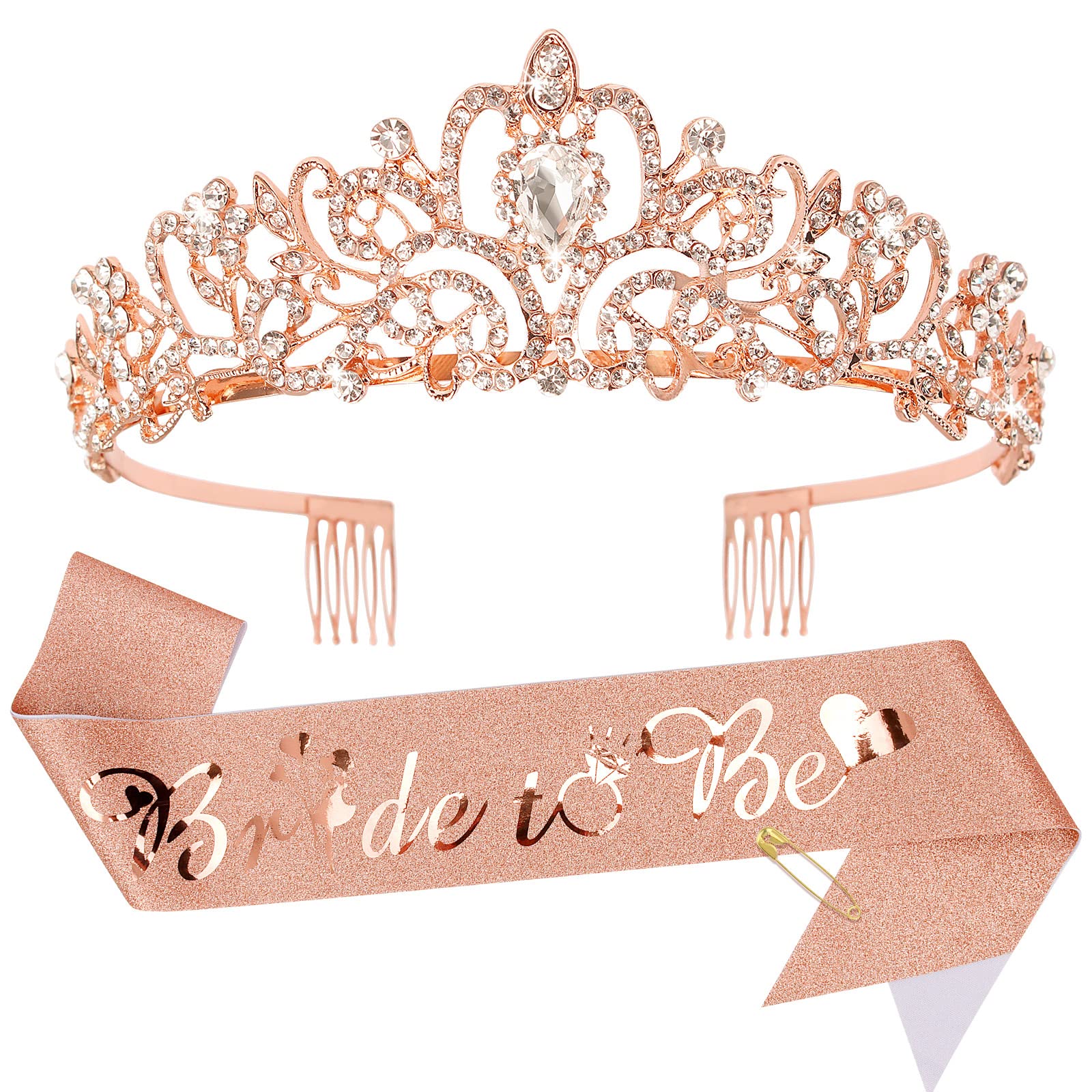 CIEHER Rose Gold Bride Sash & Crystal Crown Set - Elegant Bridal Shower Decorations, Bachelorette Party Accessories for Women, Perfect Wedding Tiara Gift for Bride to Be | Ideal for Bridal Showers, Bachelorette Parties & Wedding Receptions