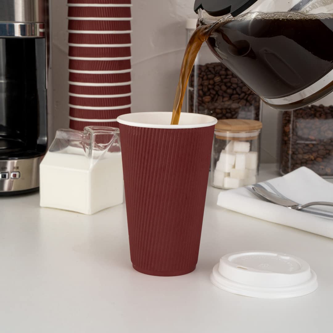 **Restaurantware 16oz Insulated Coffee Cups with Lids (200 Pack) – Leakproof, Non-Slip, Crimson Disposable Paper Cups for Hot Beverages – Perfect for Coffee, Tea, Hot Cocoa & Lattes – Ideal for Cafés, Offices & Events**