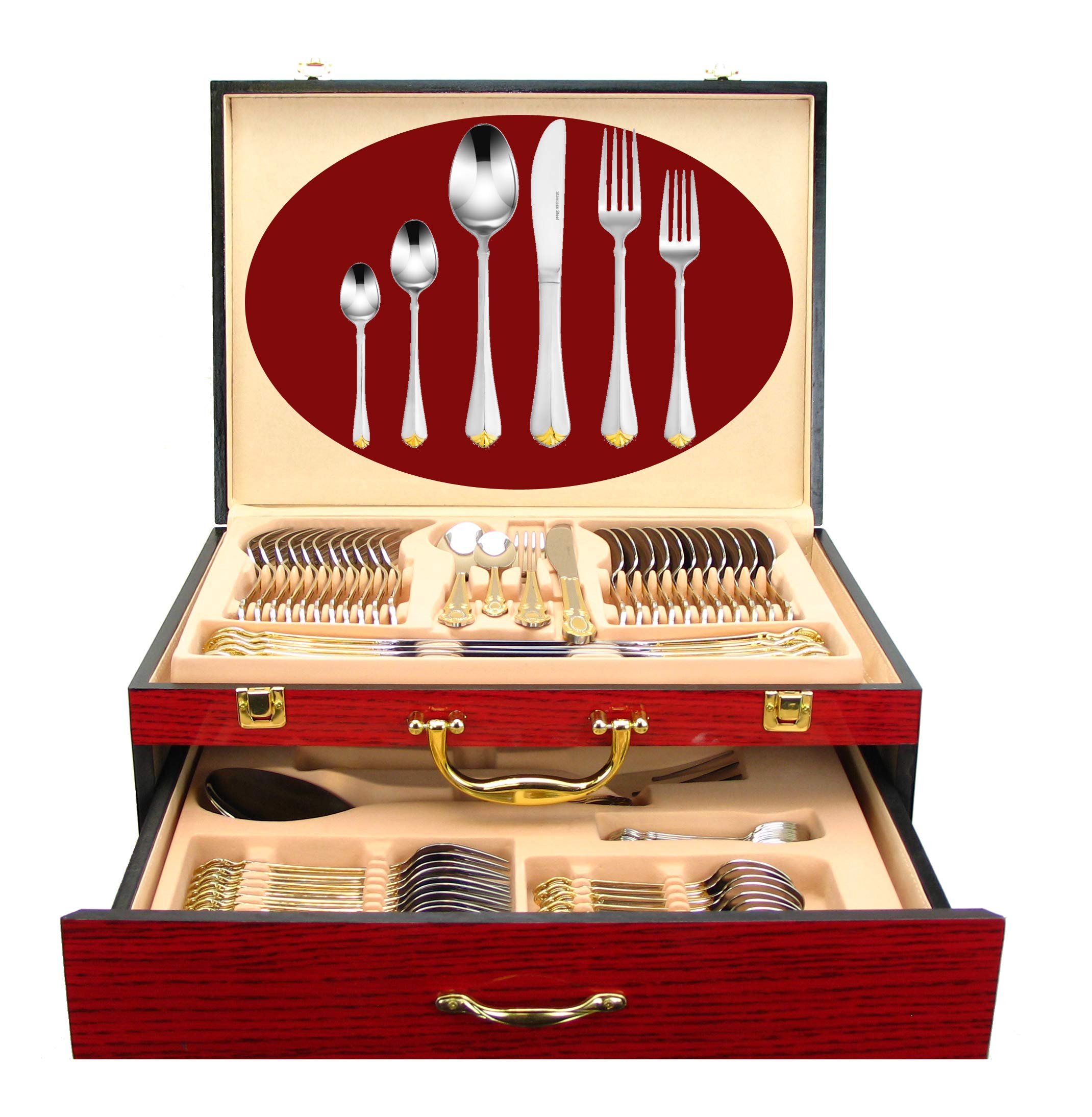 75-Piece Luxury Flatware Set for 12 with Storage Case - 24K Gold Plated Premium Dining Cutlery Set - 18/10 Surgical Stainless Steel Silverware - Elegant Hostess Serving Set in Wooden Chest - Perfect for Dinner Parties, Weddings, and Formal Gatherings
