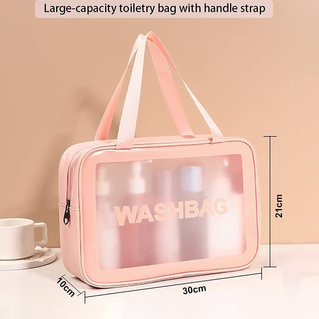 Paczo Large Clear Travel Toiletry Bag - Waterproof PVC Cosmetic Organizer with Transparent Design for Men & Women (Pink) - Perfect for Air Travel, Gym, Beach & Daily Makeup Storage