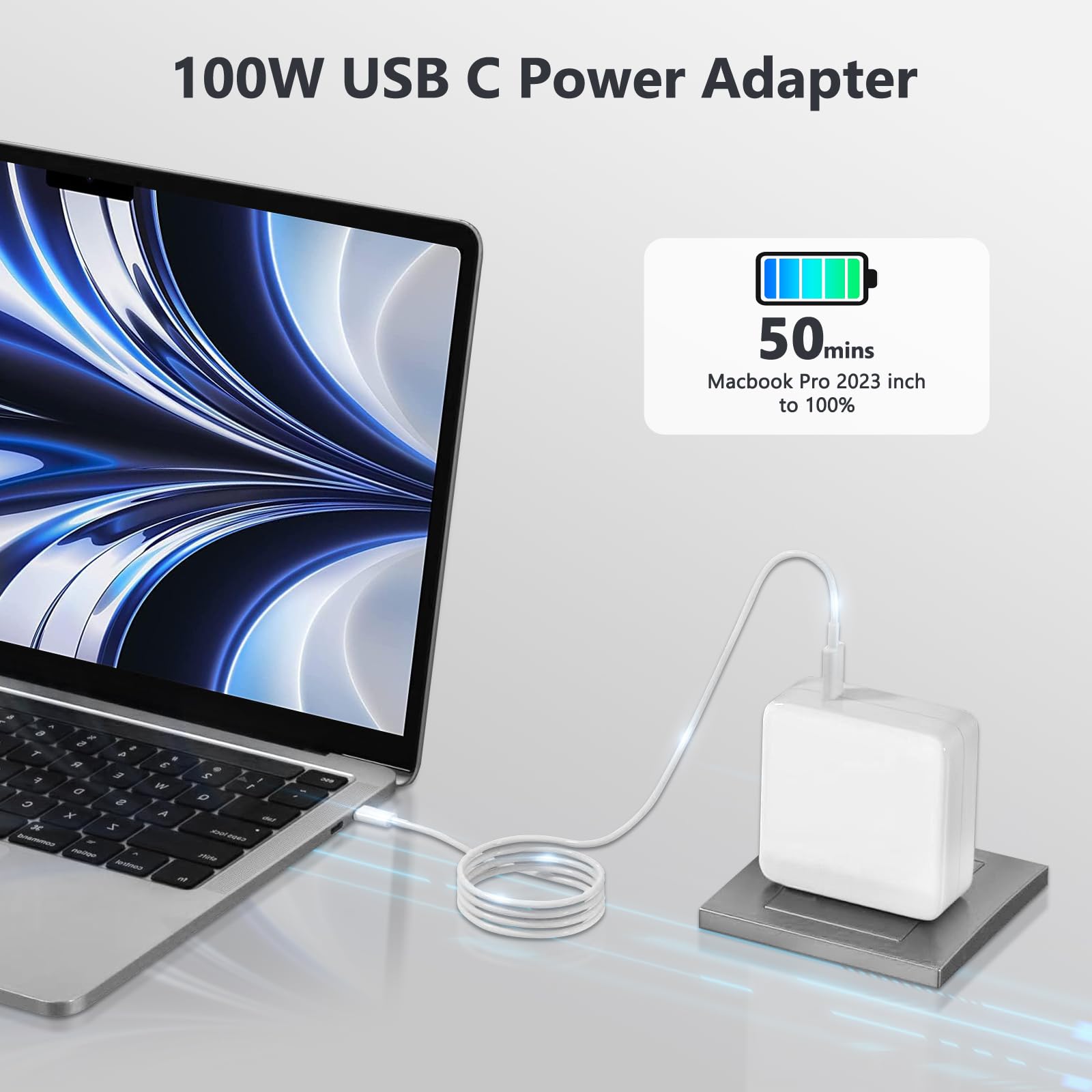 100W USB-C Fast Charger for MacBook Pro 16/15/14/13 Inch & MacBook Air - PD Power Adapter Compatible with iPad Pro 2021-2018, USB-C Laptops & Phones | Perfect for Home, Office & Travel Charging