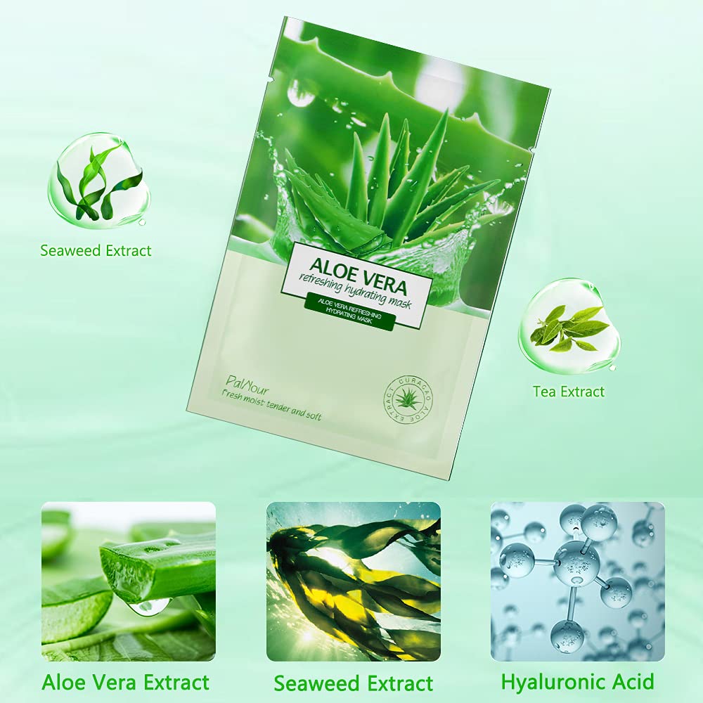 Aloe Vera Facial Sheet Mask - Hydrating & Moisturizing Skincare for Dry, Oily & Sensitive Skin - 25ml/0.8oz Revitalizing Treatment - Pack of 10 - Perfect for Spa Days, Travel & Nighttime Skincare Routine