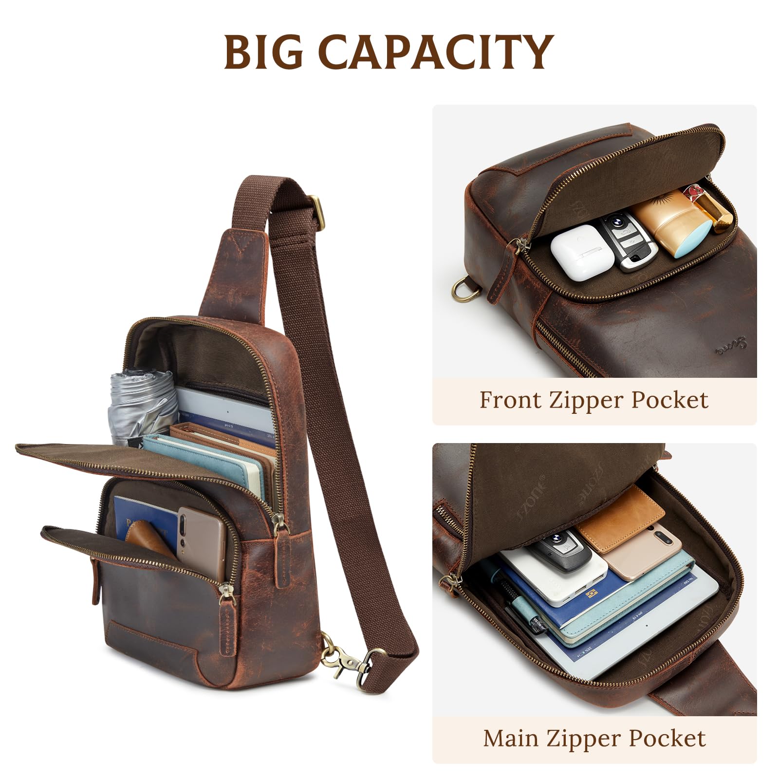 S-ZONE RFID Blocking Genuine Leather Crossbody Sling Bag for Men & Women - Anti-Theft Shoulder Bag Backpack for Hiking, Travel & Daily Use | Perfect for Commuting, Shopping & Outdoor Adventures