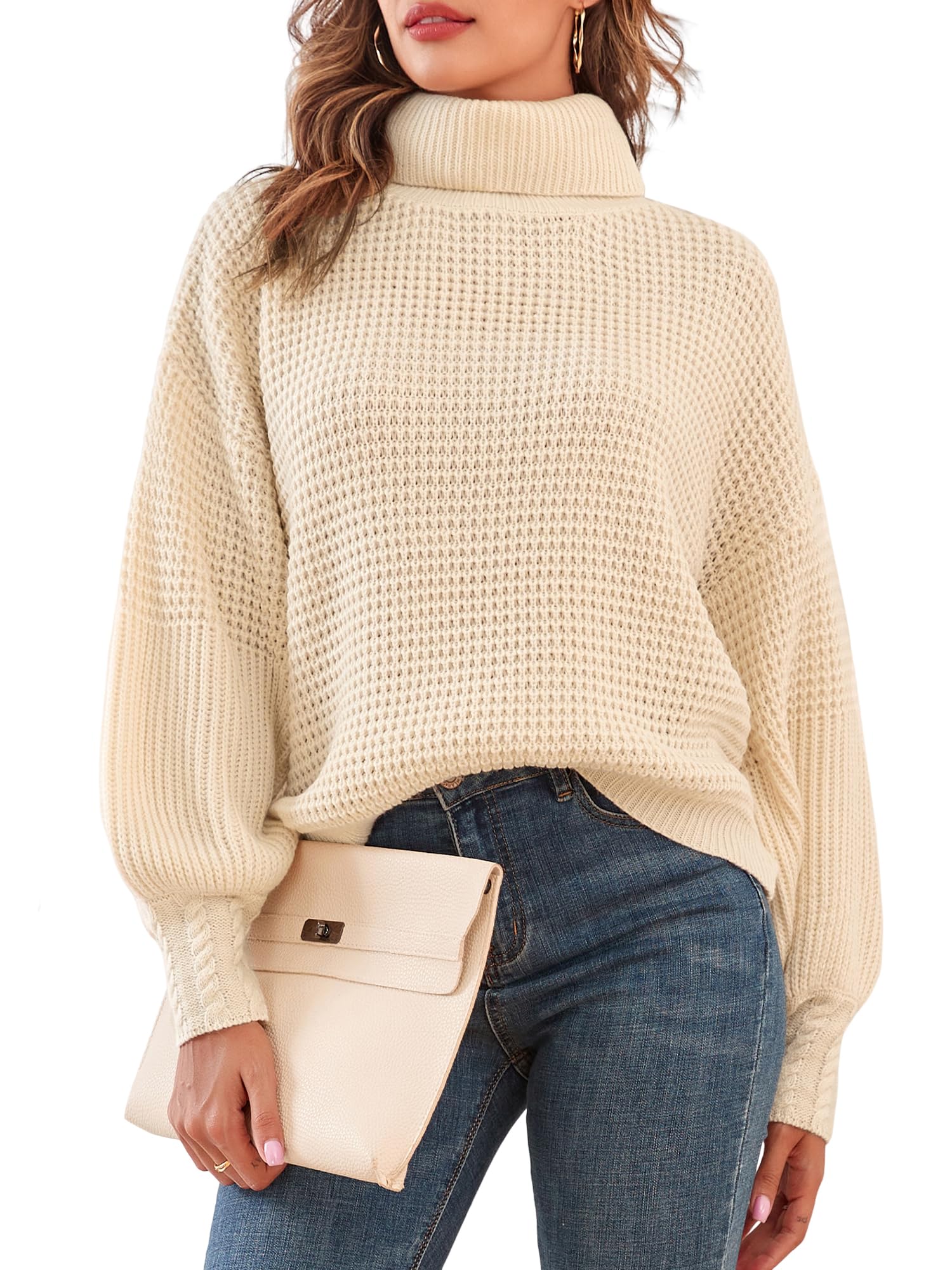 Women's Oversized Turtleneck Sweater - Long Lantern Sleeve Waffle Knit Pullover Jumper Top for Winter Warmth & Casual Outfits | Perfect for Office, Date Night & Holiday Gatherings