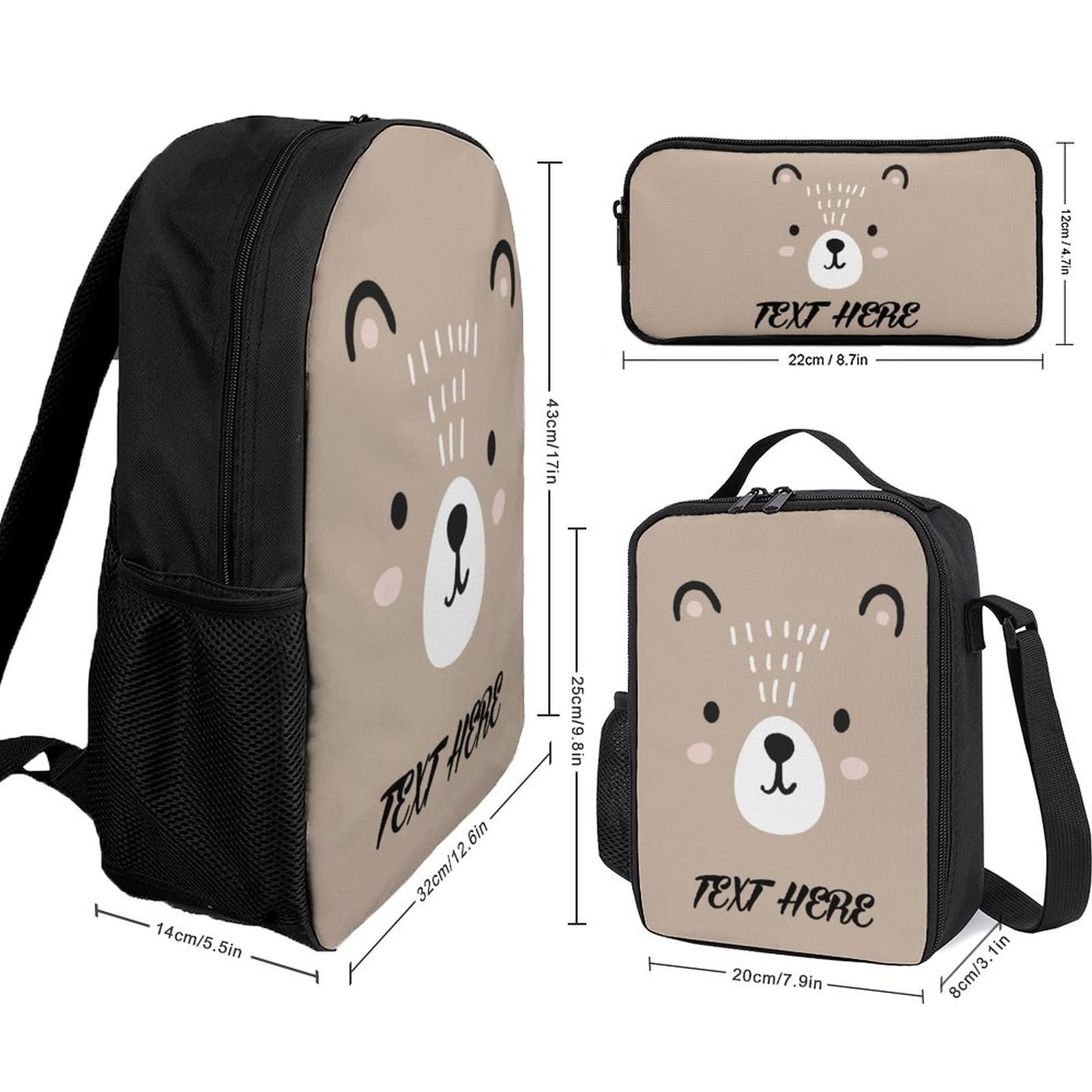 Personalized Bear Backpack Set for Kids - Custom Name Text, 3-Piece School Bag with Lunch Box & Pencil Case - Perfect for Boys & Girls School, Travel & Daycare