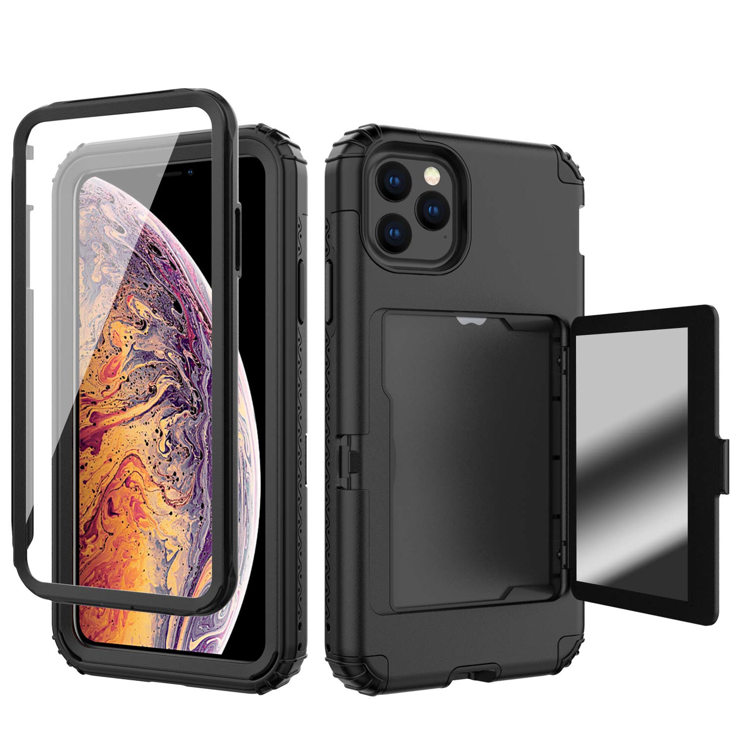 Premium Shockproof iPhone 11 Pro Max Wallet Case (6.5 inch, 2019) - 3-Layer Heavy Duty Protection with Card Holder, Hidden Mirror & Kickstand - Black | Perfect for Travel, Work & Everyday Use