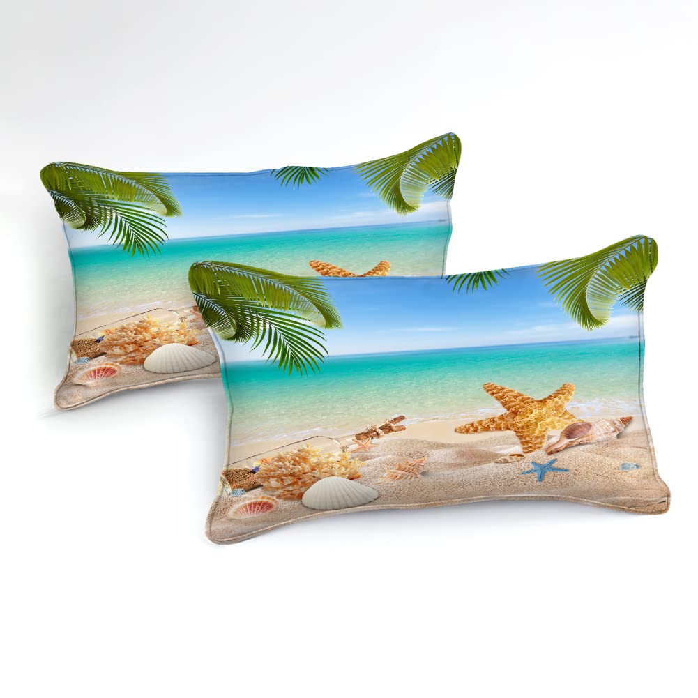 Ocean Beach Themed Queen Size Bedding Set - Tropical Palm Tree Comforter with Conch & Starfish Print | Coastal Style Summer Bedding for Beach House, Vacation Rental & Coastal Decor