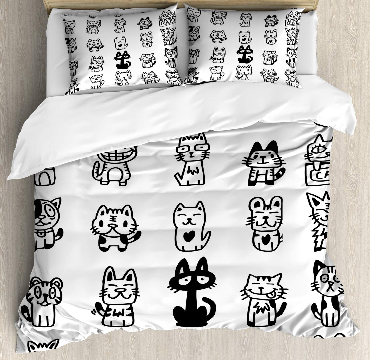 Ambesonne Cat Duvet Cover Set - Hand Drawn Sketchy Cats with Happy Faces, Funny Comic Art Print, 3-Piece Bedding Set with 2 Pillow Shams (California King, Black & White) - Perfect for Cat Lovers' Bedroom Decor & Gift Ideas