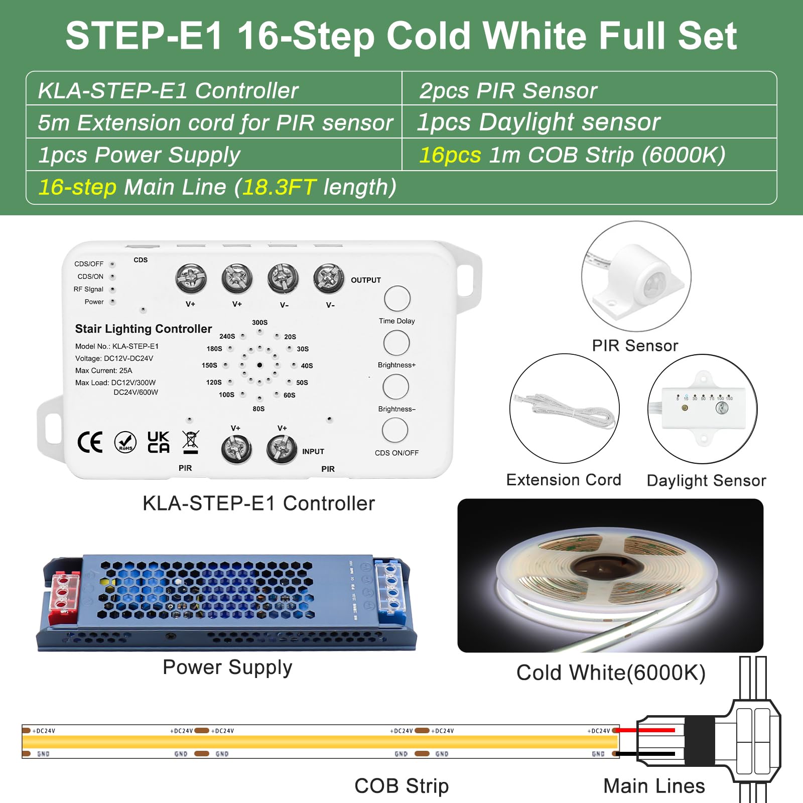Motion Sensor LED Stair Light Kit with Main Wire - Easy Installation, Daylight Sensor COB LED Step Lights for Indoor Stairs (16 Steps, 3000K Warm White) - Perfect for Hallways, Basements & Bedroom Safety Lighting