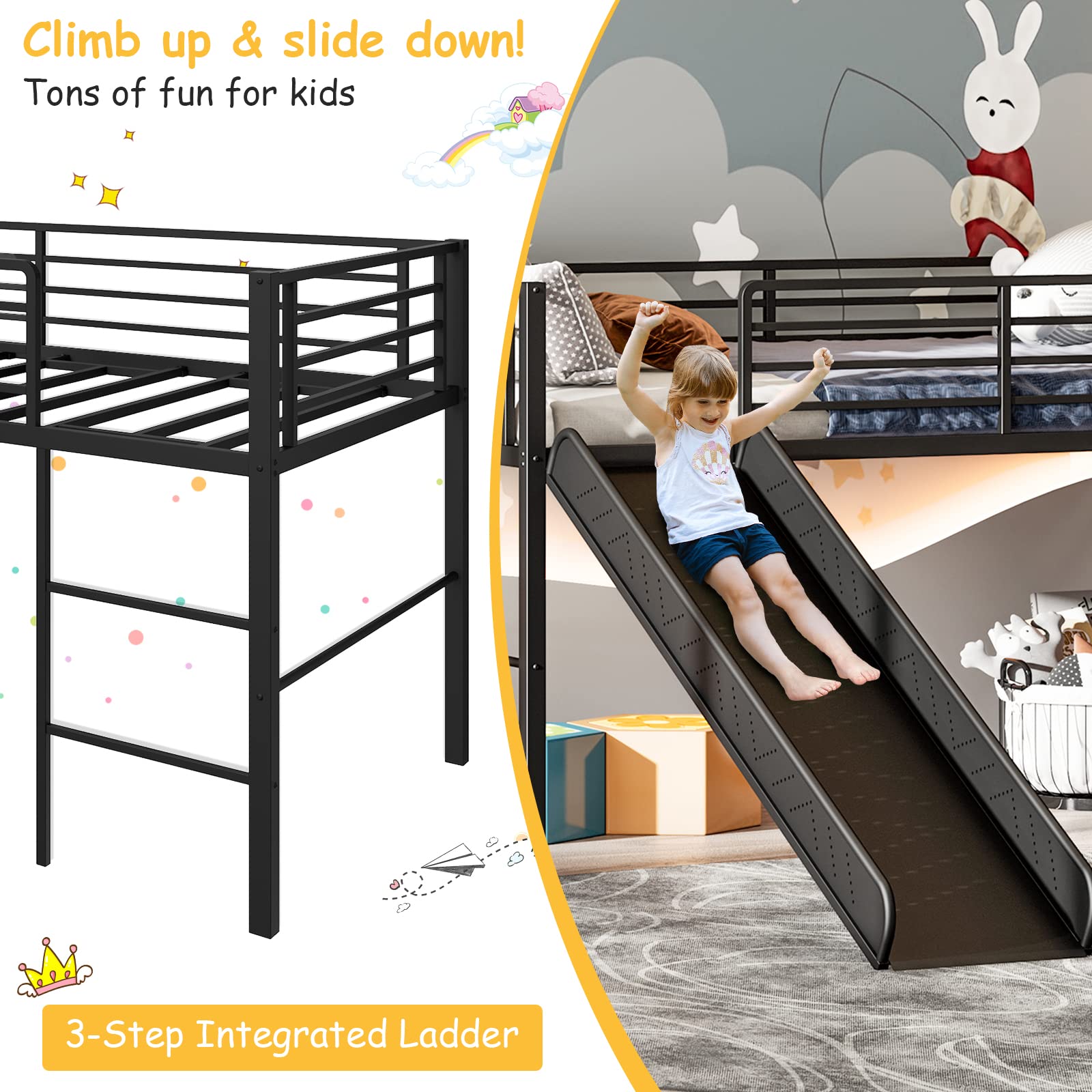 Giantex Twin Loft Bed with Slide - Sturdy Metal Low Bunk Bed for Kids with Safety Guardrails & Built-in Ladder - Toddler Bed Floor Frame for Boys & Girls - No Box Spring Needed - Perfect for Small Bedrooms & Shared Kids' Rooms (Black)