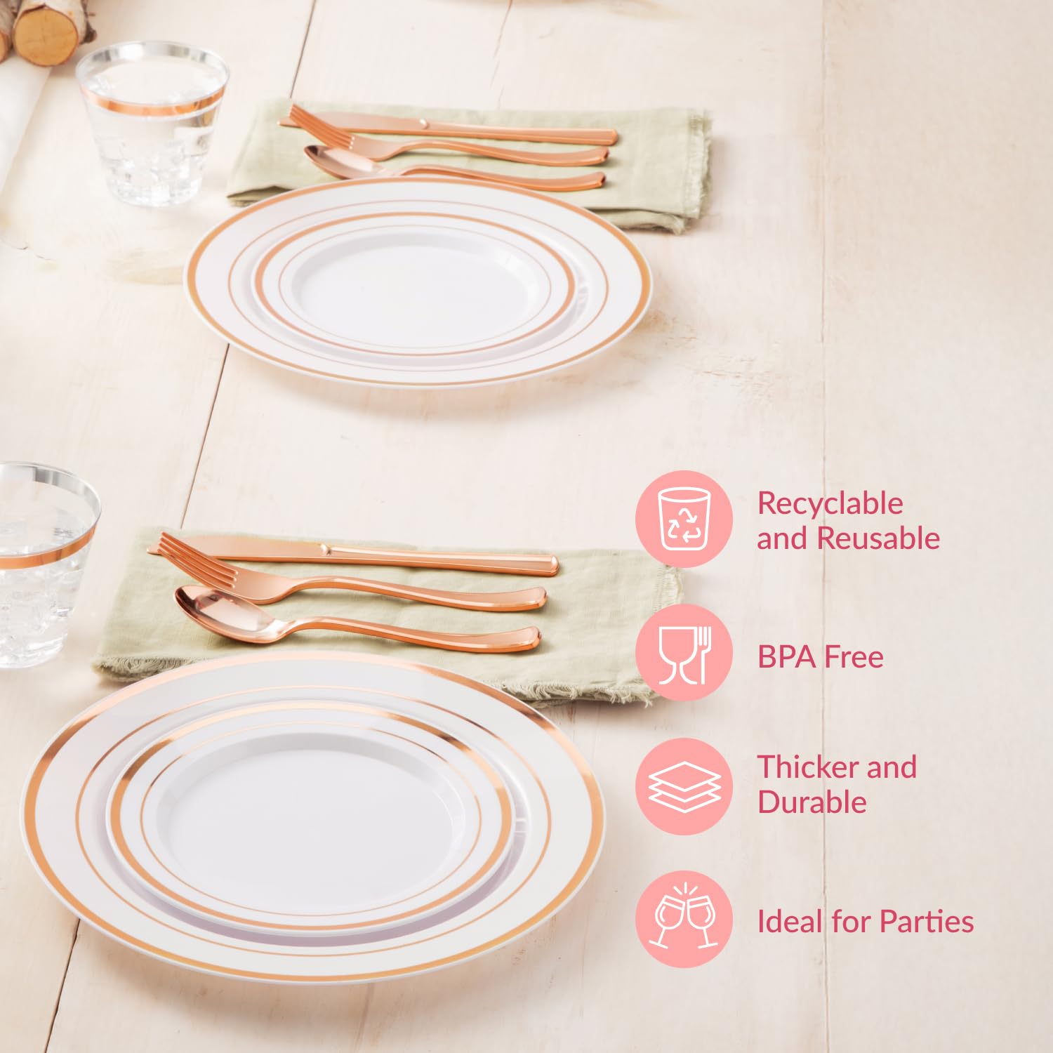 Prestee Rose Gold Disposable Dinnerware Set - 350-Piece Plastic Party Tableware for 50 Guests, Includes Plates, Cups, Forks, Knives & Spoons - Perfect for Weddings, Baby Showers, Birthday Parties & Outdoor Dining Events