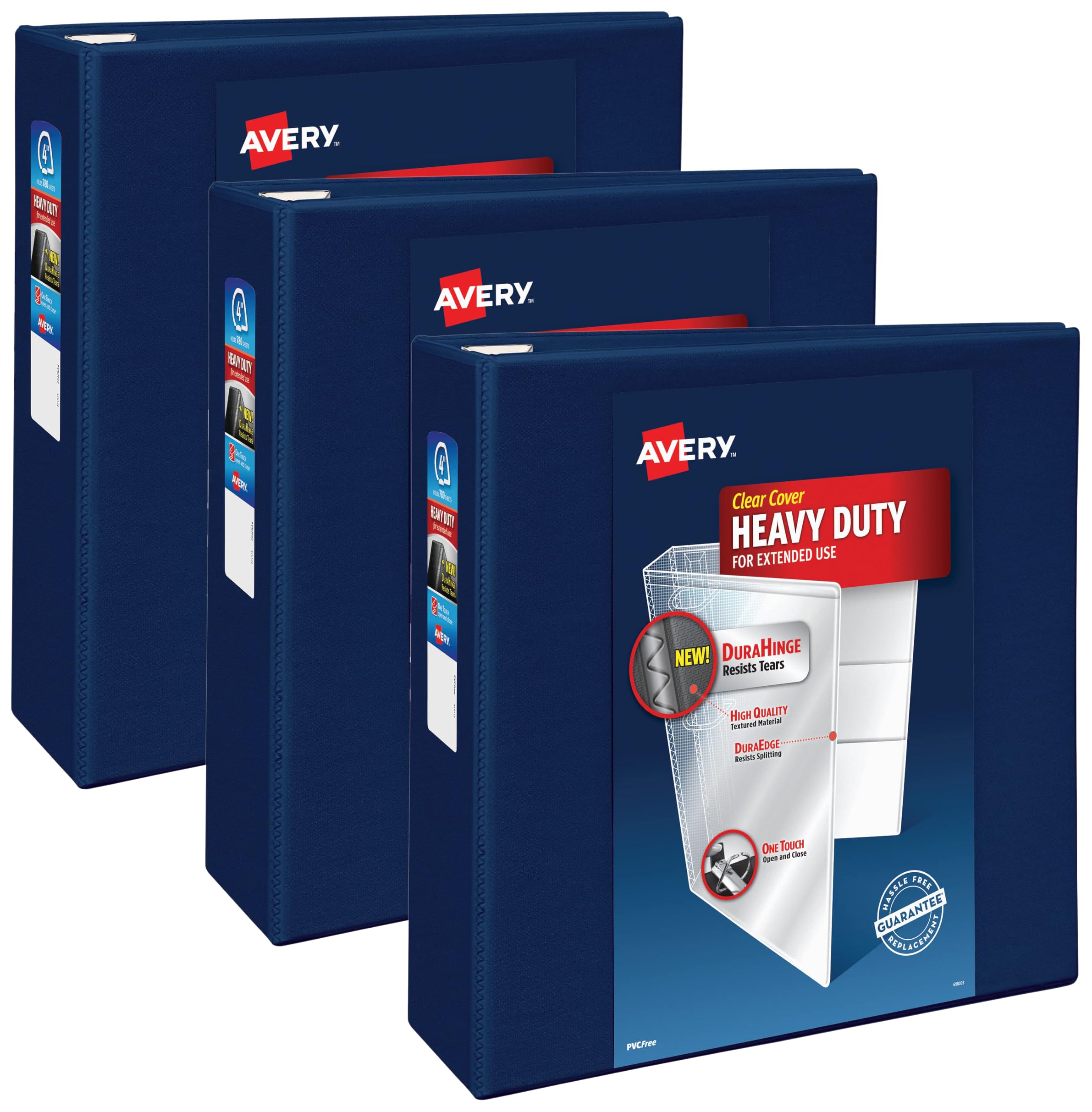 Avery Heavy-Duty 3-Ring Binder with One-Touch EZD Rings - 4 Inch Capacity, 4.5 Inch Spine, Navy Blue (Pack of 3) - Perfect for Office, School & Document Organization