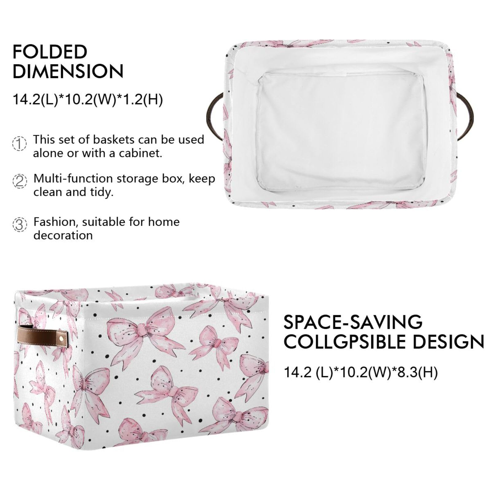 Cartoon Bow Large Square Storage Basket Bin with Handles 2PCS, Foldable Multi-Functional Closet Organizer for Toys, Books, Clothes - Perfect for Kids Room, Nursery, and Home Organization