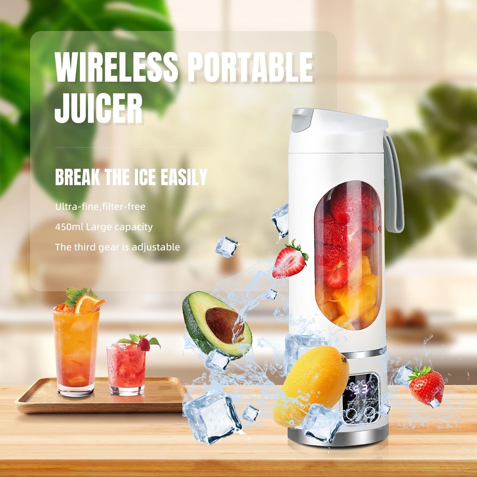USB Rechargeable Portable Blender - 12-Blade Mini Ice Crusher with Digital Display, 3 Speed Modes, Easy-to-Clean 15.22oz Travel Cup | Perfect for Smoothies, Protein Shakes & Fresh Juice at Home, Gym, Office or Travel (White)