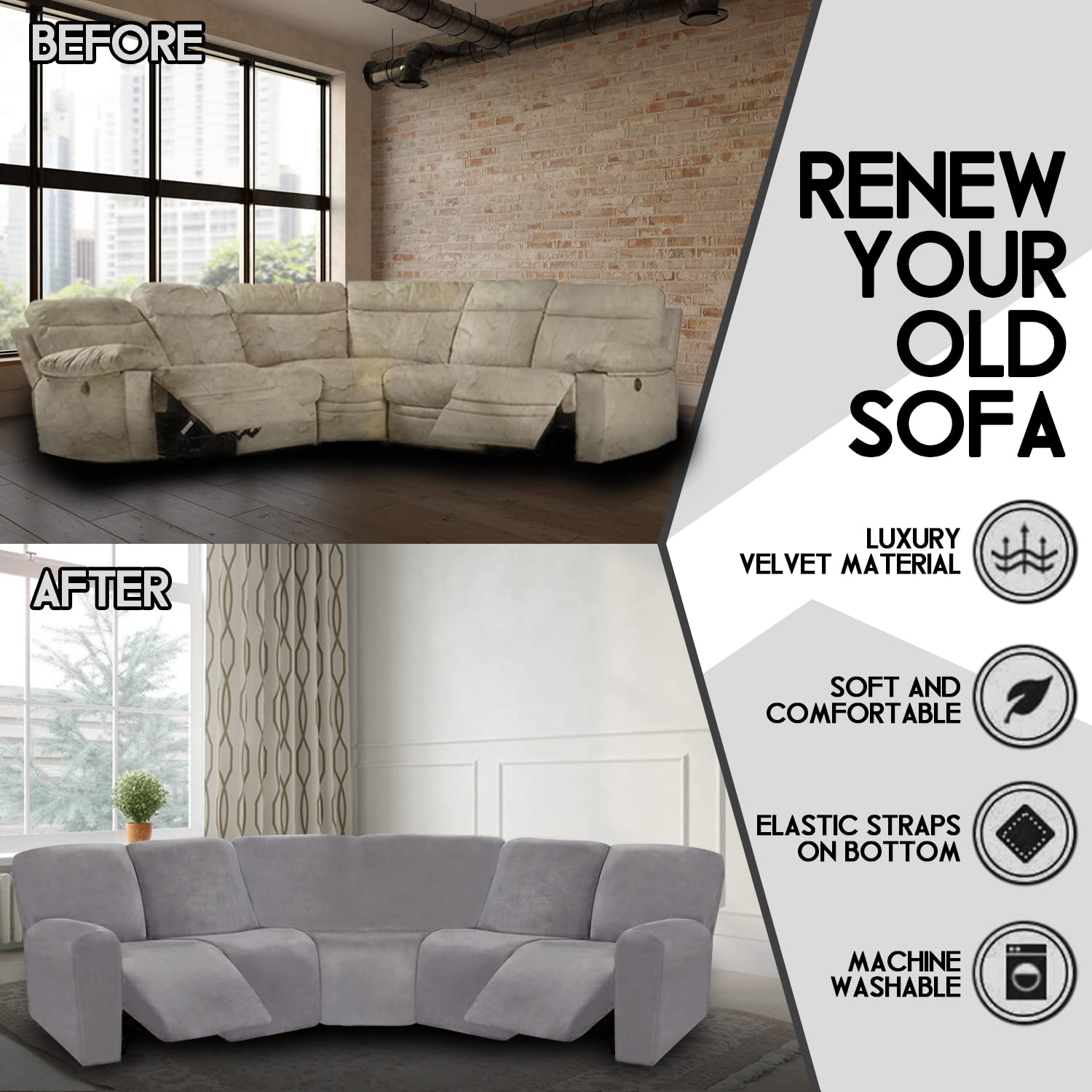 ULTICOR 7-Piece L-Shaped Recliner Sofa Cover - Velvet Stretch Couch Cover for Sectional Reclining Sofa - Soft Washable Furniture Protector (Light Gray, Fits 5-Seat L-Shaped Recliners) - Perfect for Living Room, Home Theater & Family Gatherings