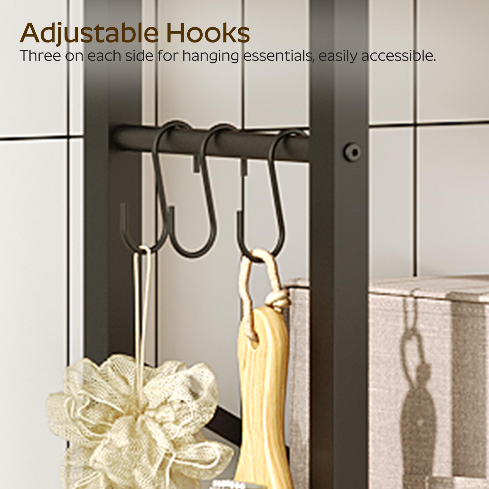 Over The Toilet Storage Shelf - 2-Tier Bathroom Organizer with Hooks | Space-Saving Vertical Toilet Shelf Rack in Rustic Brown & Black | Perfect for Small Bathrooms, Apartments & Powder Rooms (TR01BR)